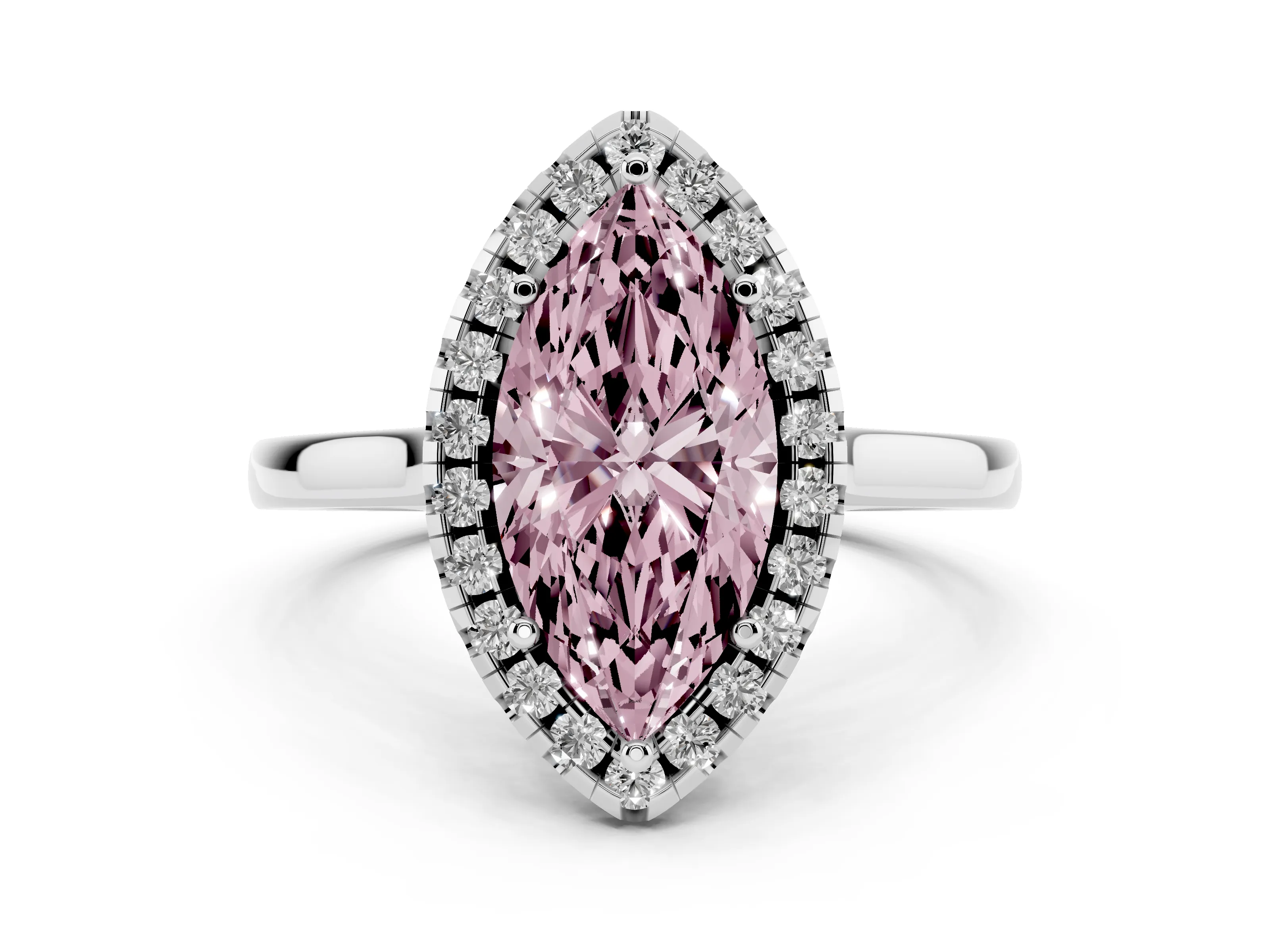 Fancy Pink Marquise Cut Halo Round Diamond Solitaire Ring Set in Platinum with Pavé Band and Prong Setting