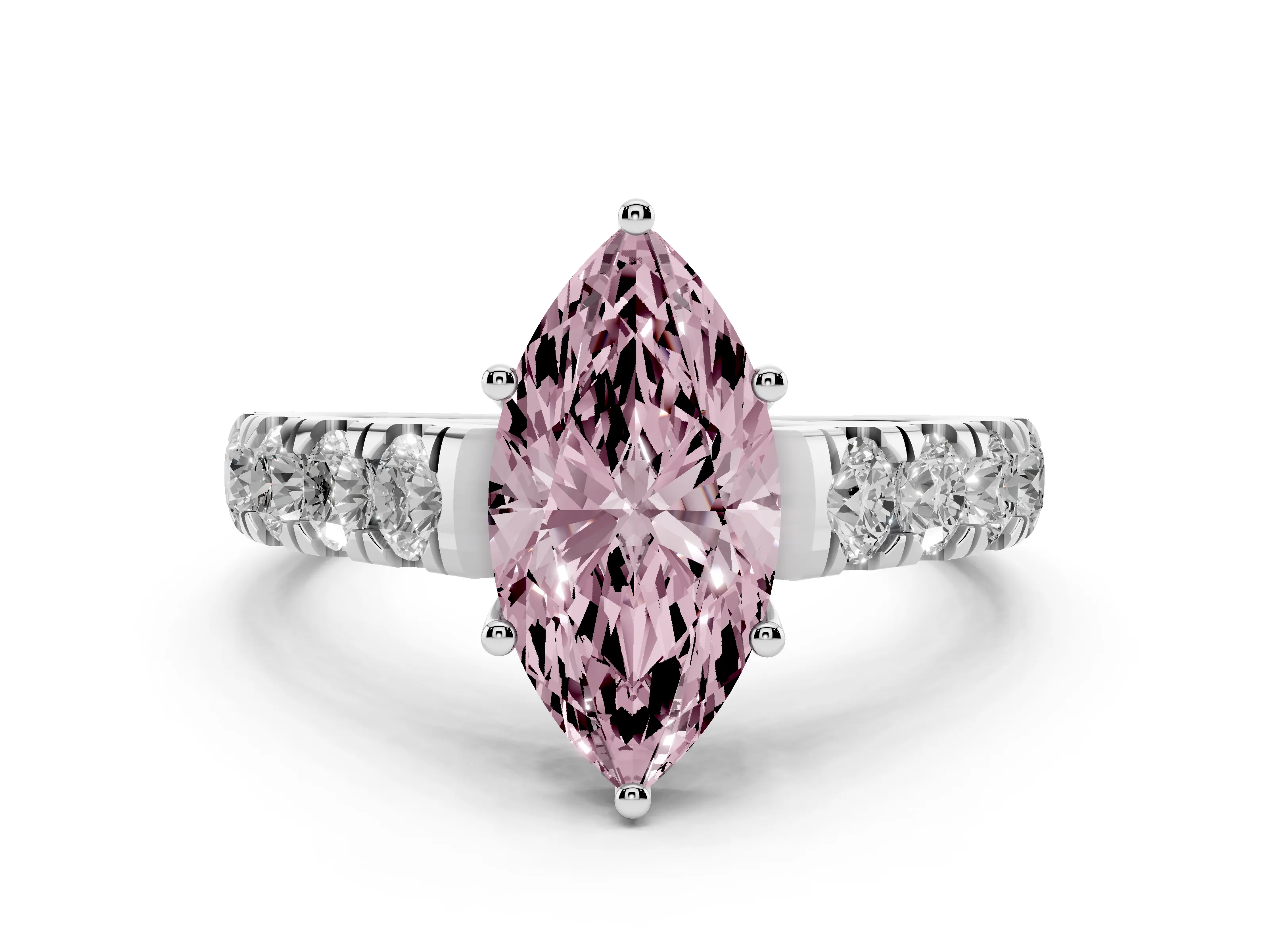 Fancy Pink Marquise Cut Diamond Solitaire Ring Set in White gold with Cut-Down Micro Pavé Band and Prong Setting