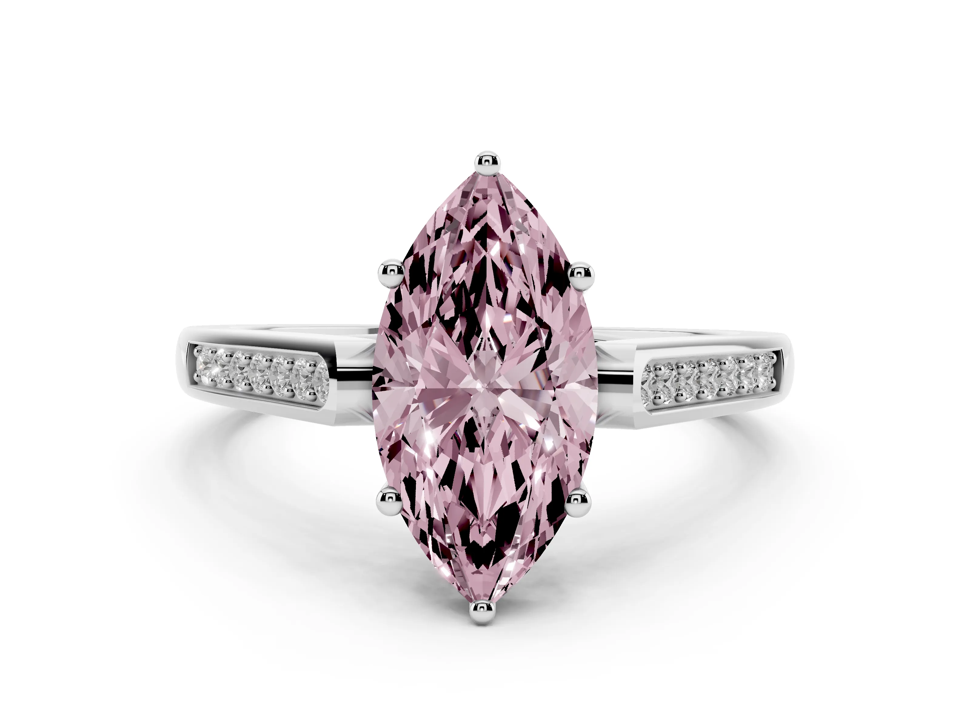 Fancy Pink Marquise Cut Diamond Solitaire Cathedral Engagement Ring Set in White gold with Channel-Set Band and Prong Setting