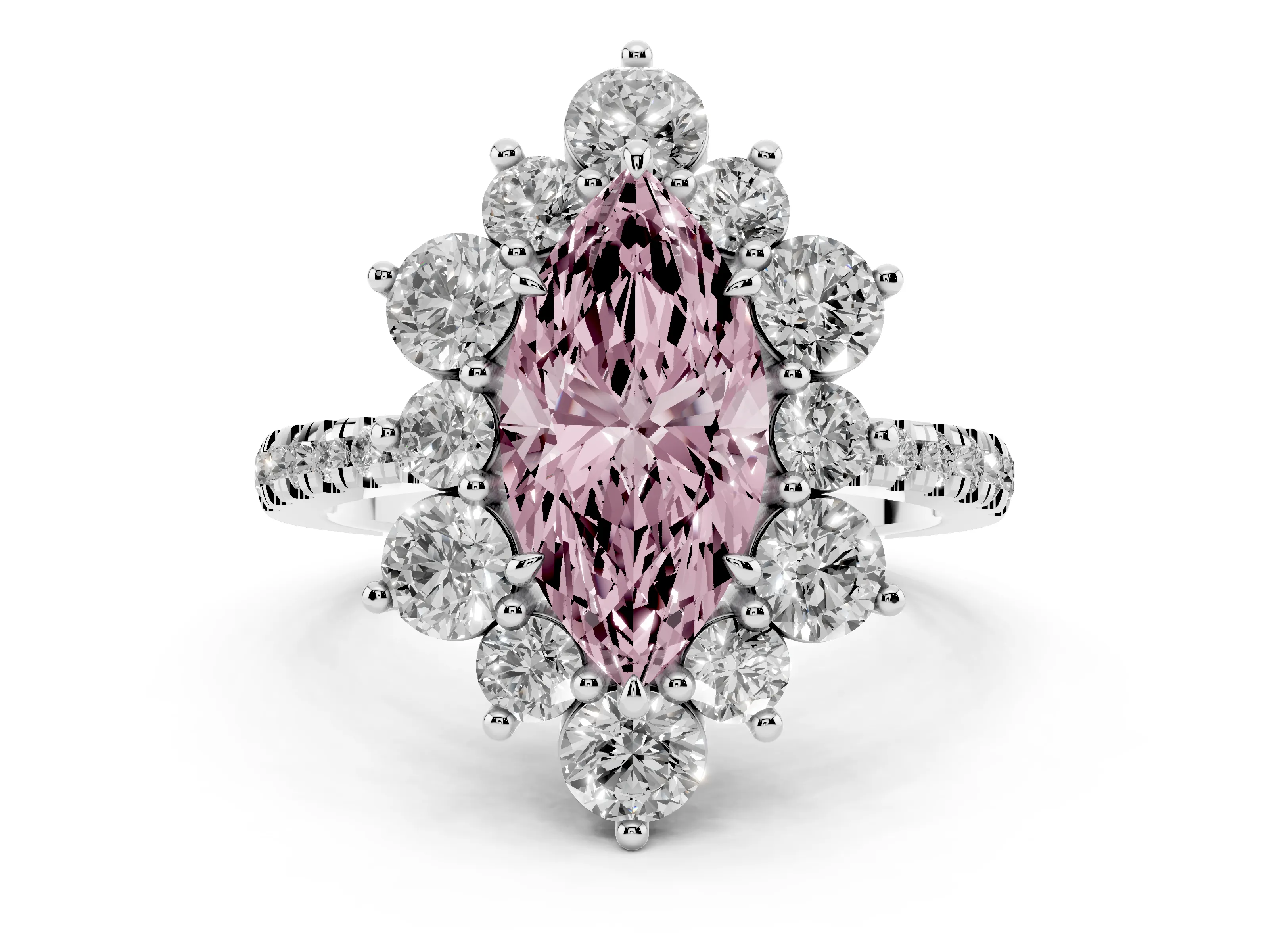 Fancy Pink Marquise Cut Diamond Floral Halo Ring Set in White gold with Round Pavé Band and Prong Setting