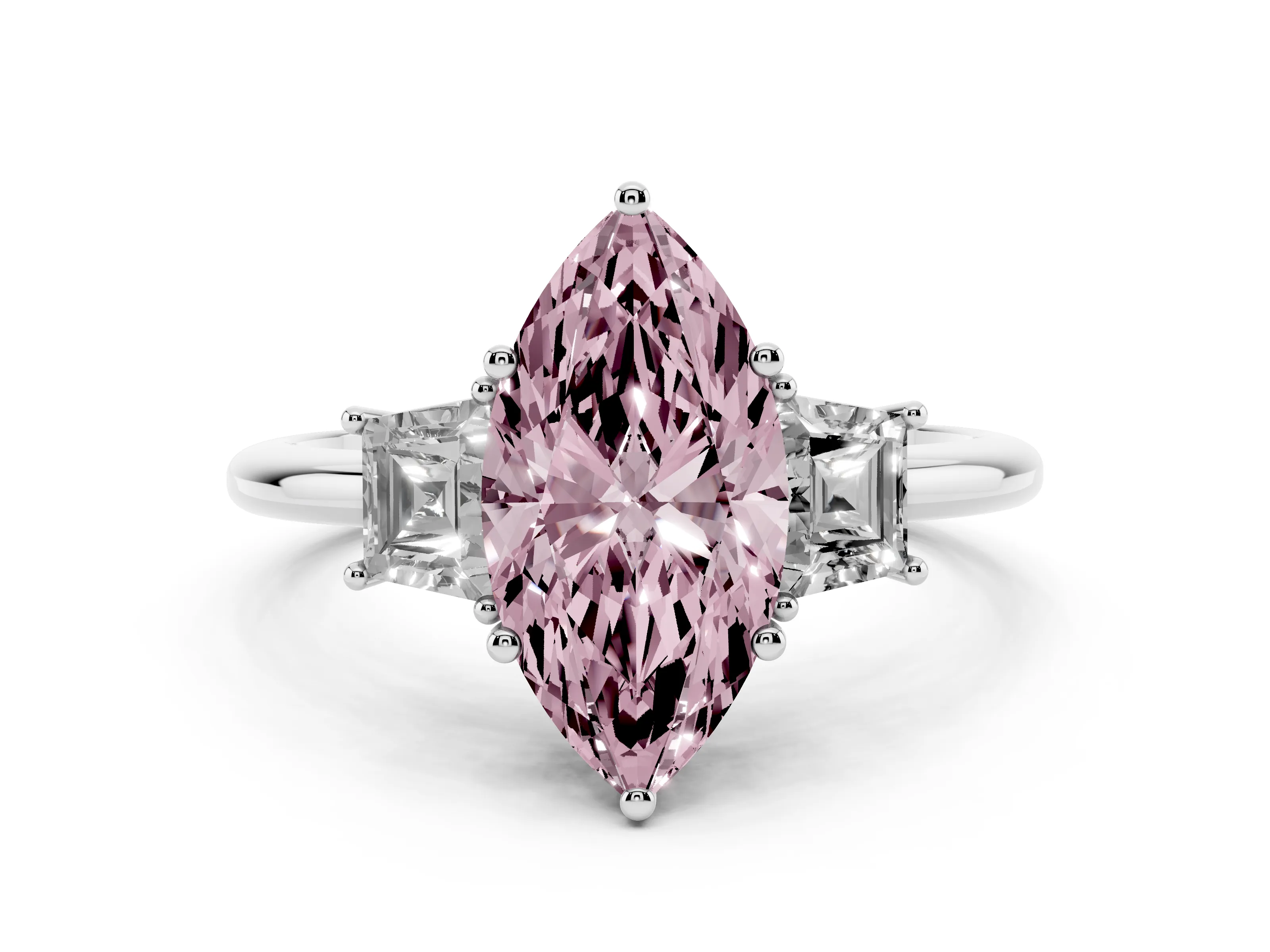 Fancy Pink Marquise Cut Diamond Three-Stone Ring Set in Silver with Trapezoid Side Stones and Prong Setting