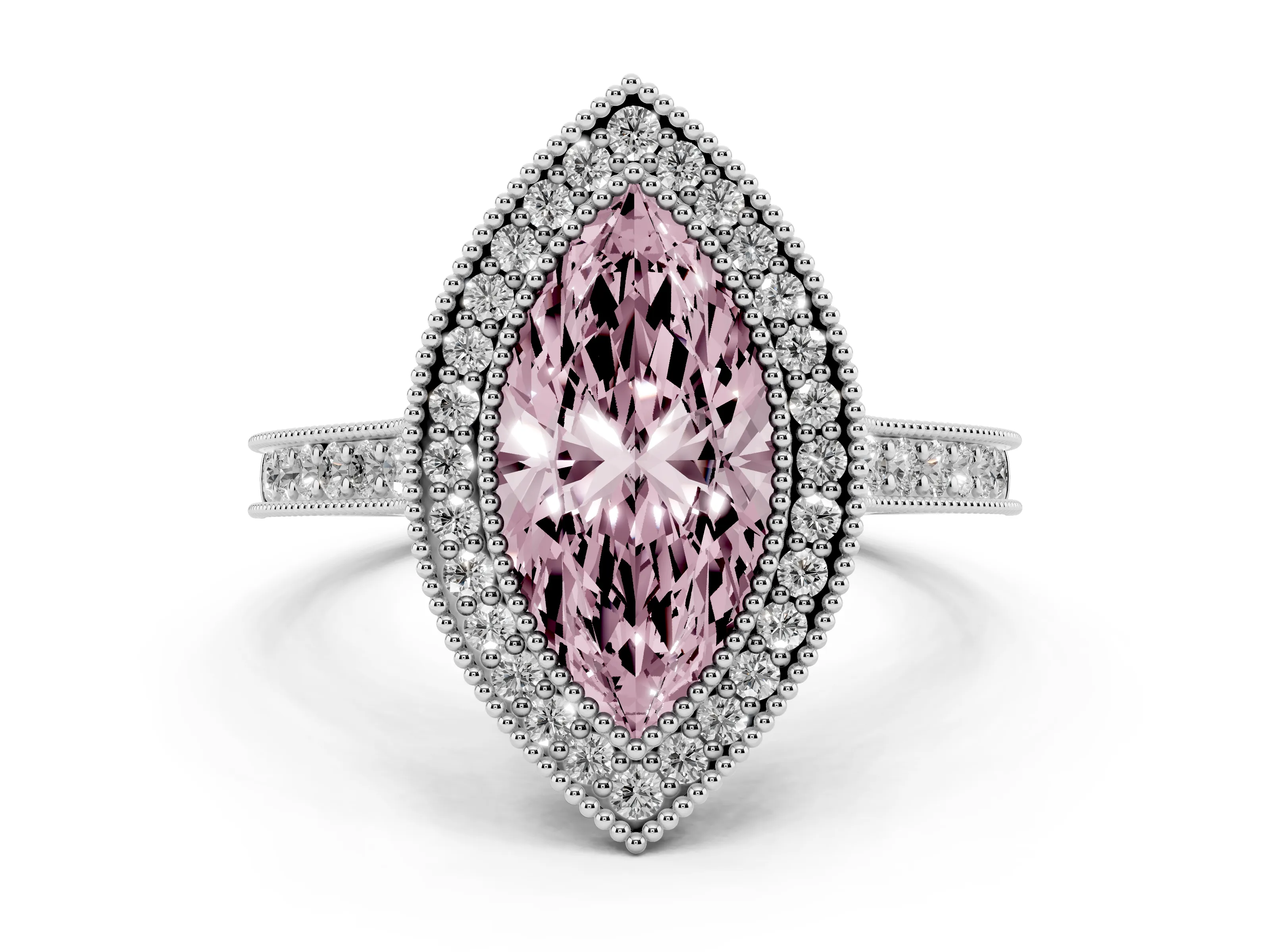 Fancy Pink Marquise Cut Diamond Halo Milgrain Pavé Band Ring Set in Platinum with Prong Setting