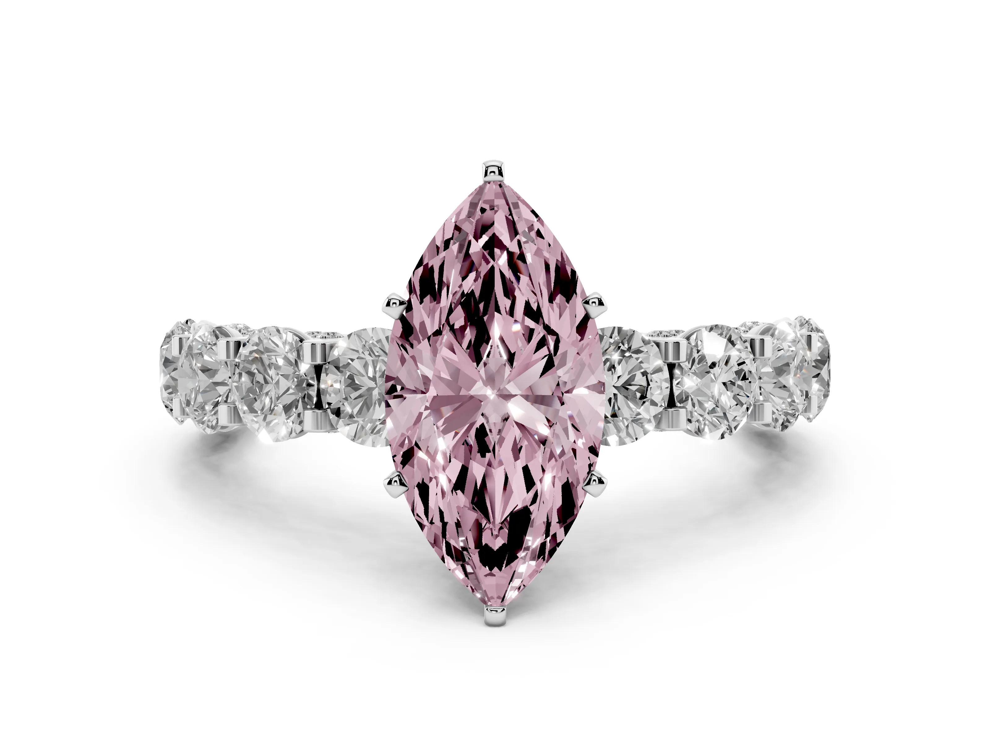 Fancy Pink Marquise Cut Diamond Side Stone Ring Set in White gold with Alternating Round and Oval Side Stones