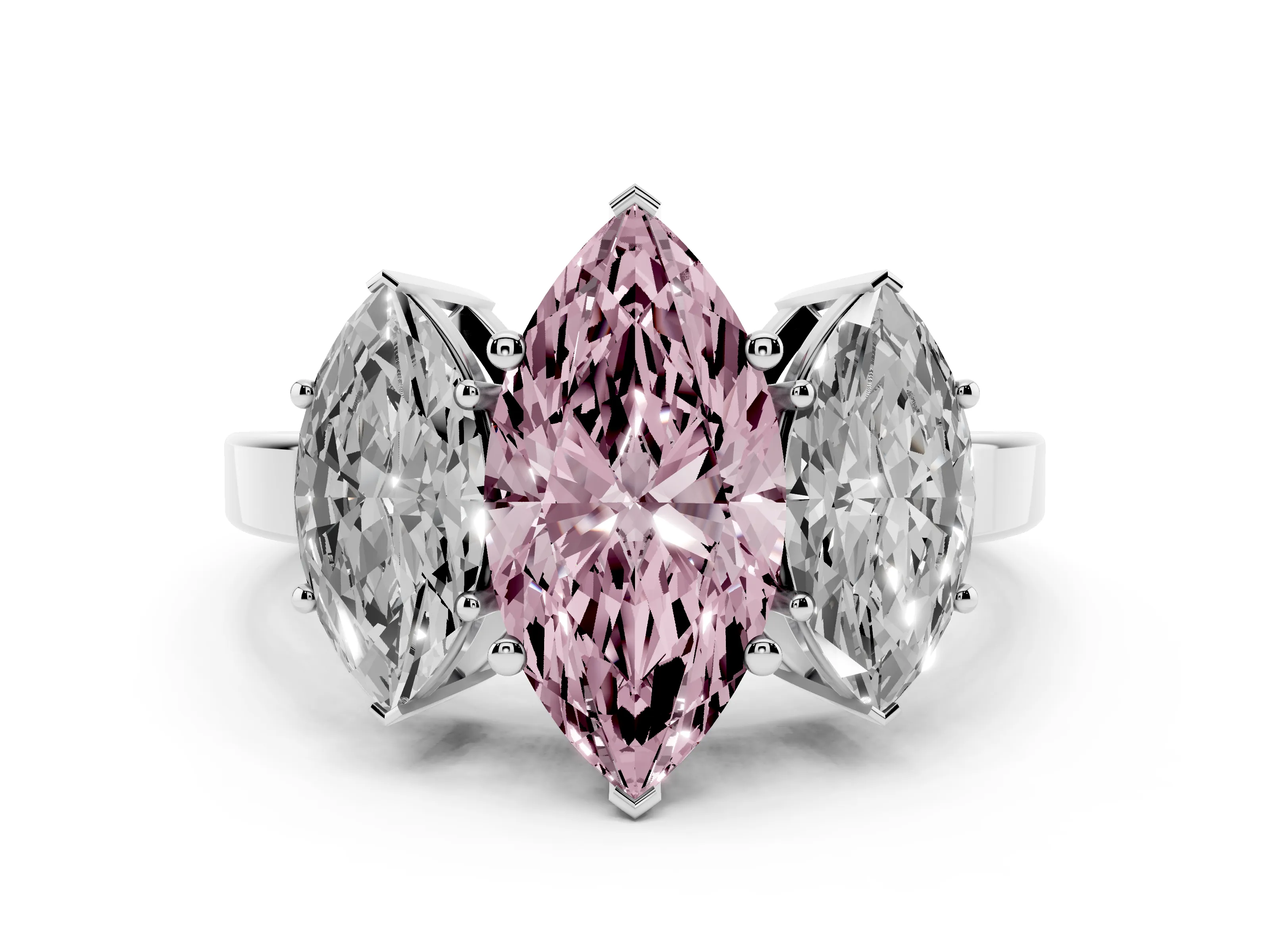 Fancy Pink Marquise Cut Diamond Three-Stone Engagement Ring Set in Platinum with Flat Band