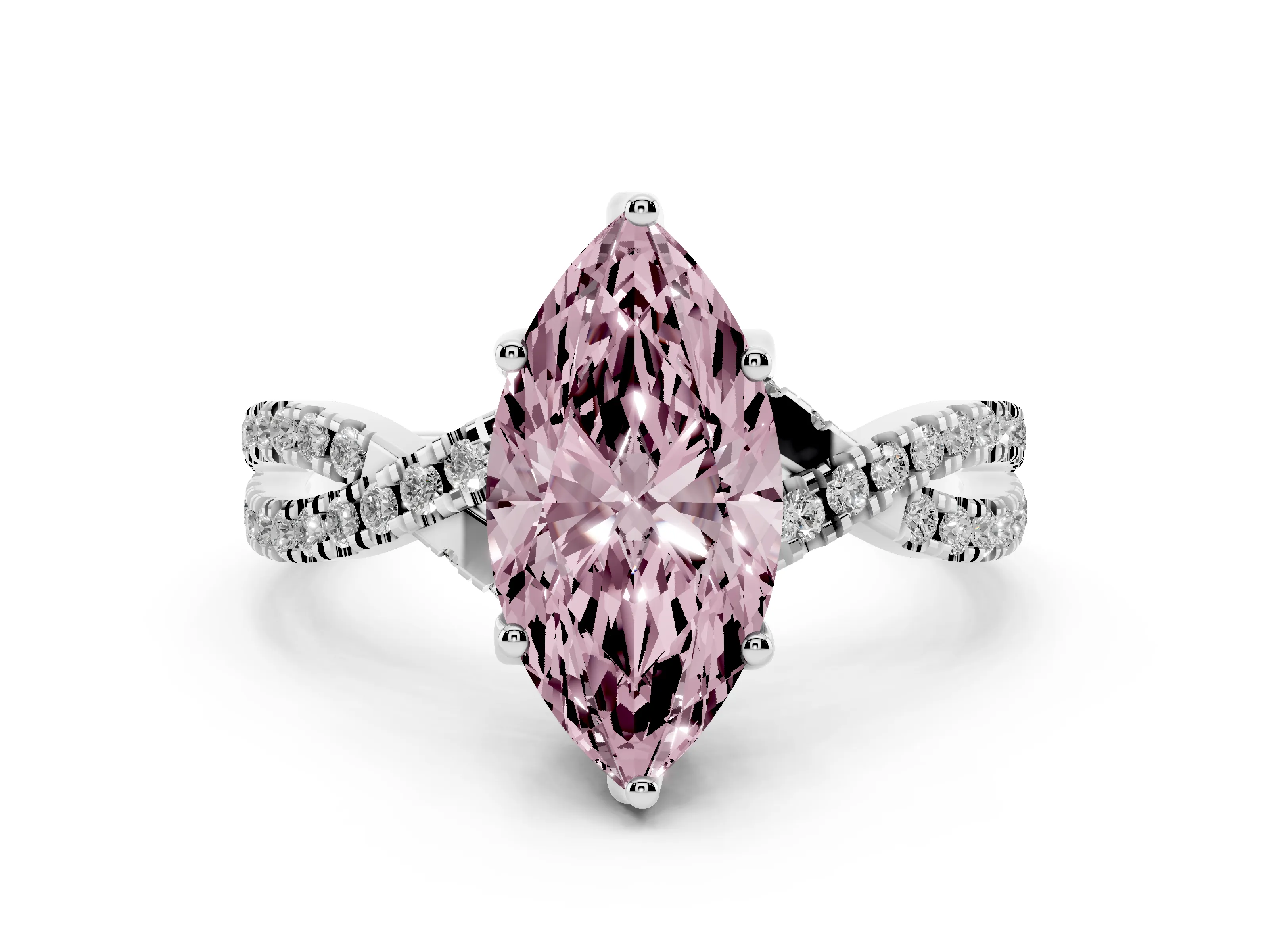 Fancy Pink Marquise Cut Diamond Twist Pavé Solitaire Engagement Ring Set in White gold with Prong Setting
