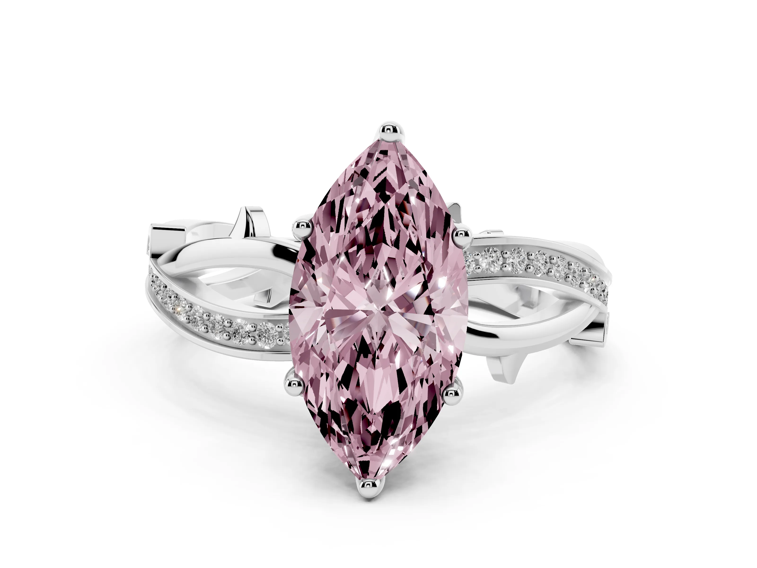 Fancy Pink Marquise Cut Diamond Pavé Twist Band Solitaire Ring Set in Silver with Prong Setting
