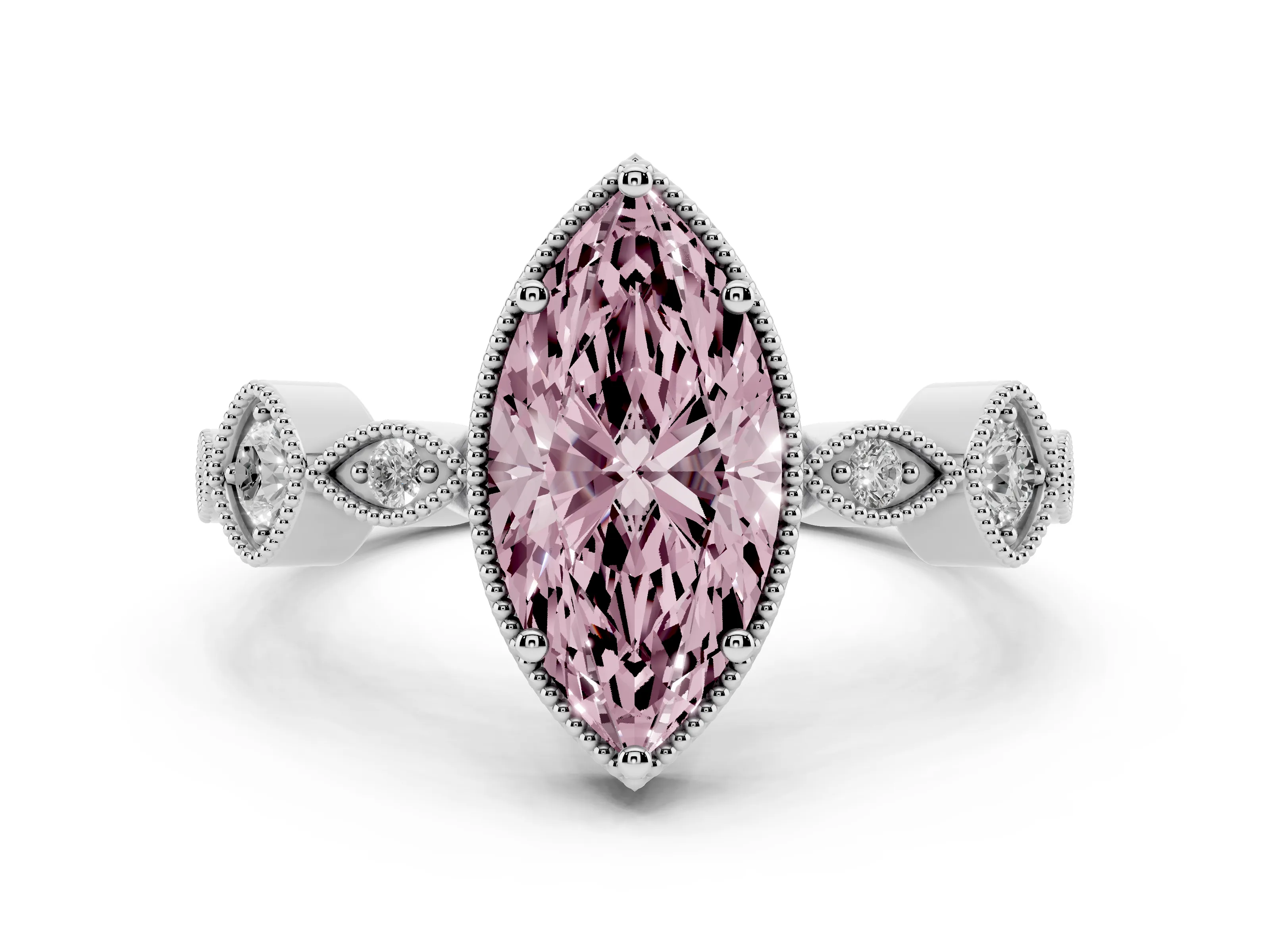 Fancy Pink Marquise Cut Diamond Vintage-Inspired Milgrain Ring Set in White gold with Marquise Stations of Round Accents