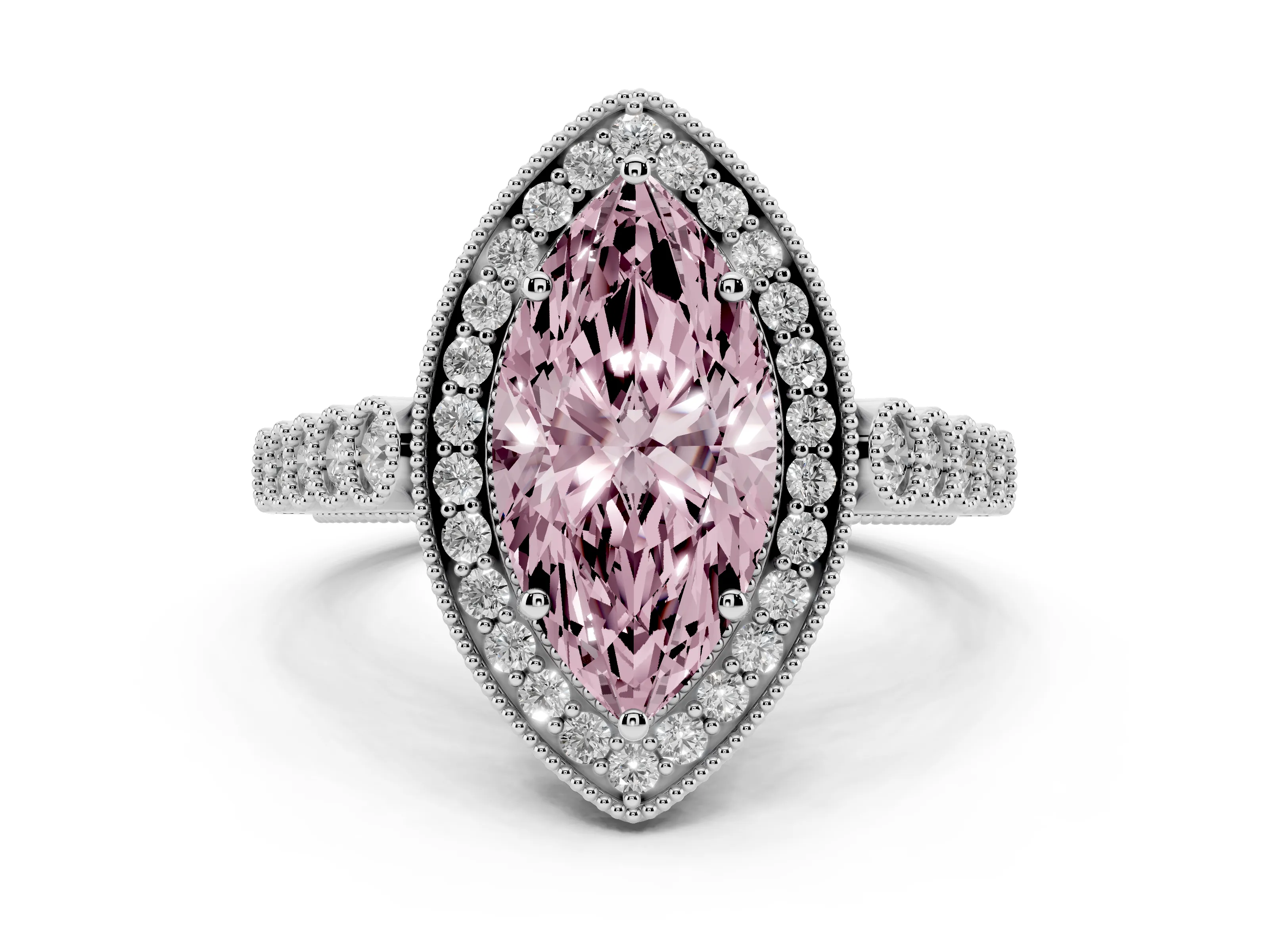 Fancy Pink Marquise Cut Diamond Milgrain Halo Solitaire Ring Set in Platinum with Bezel Set Side Stones and Pavé Band