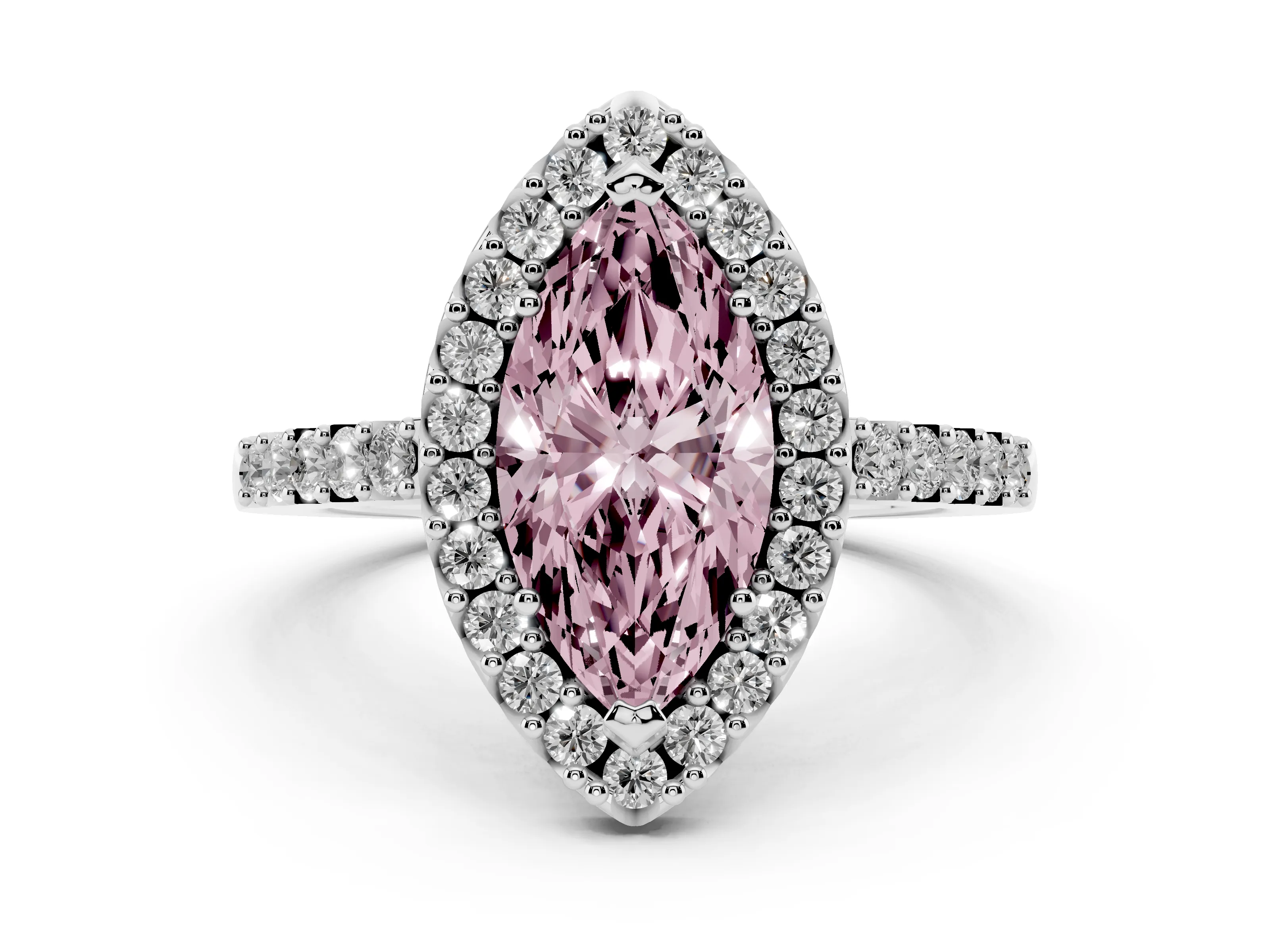 Fancy Pink Marquise Cut Diamond Halo Pavé Solitaire Ring Set in White gold with Prong-Set Center Stone