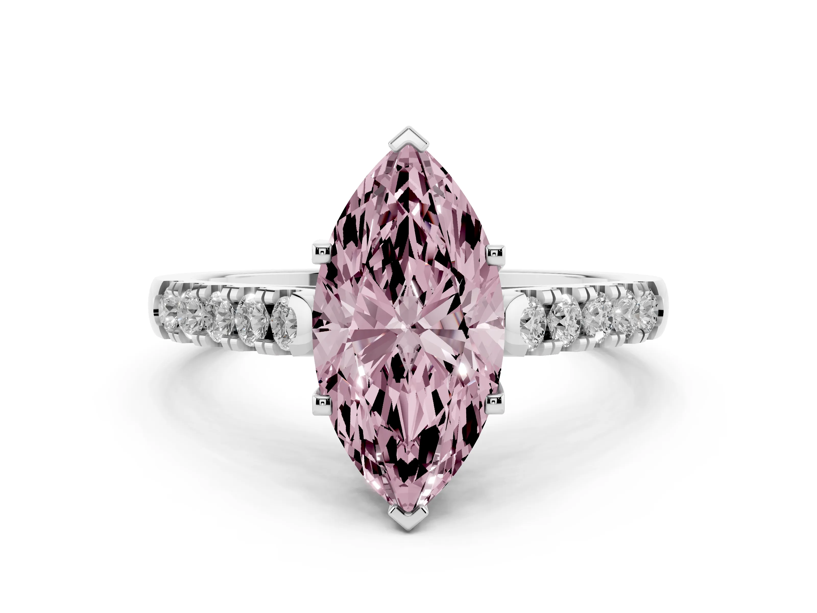 Fancy Pink Marquise Cut Diamond Pavé Band Solitaire Ring Set in White gold with Partway Accent Stones and Prong Setting
