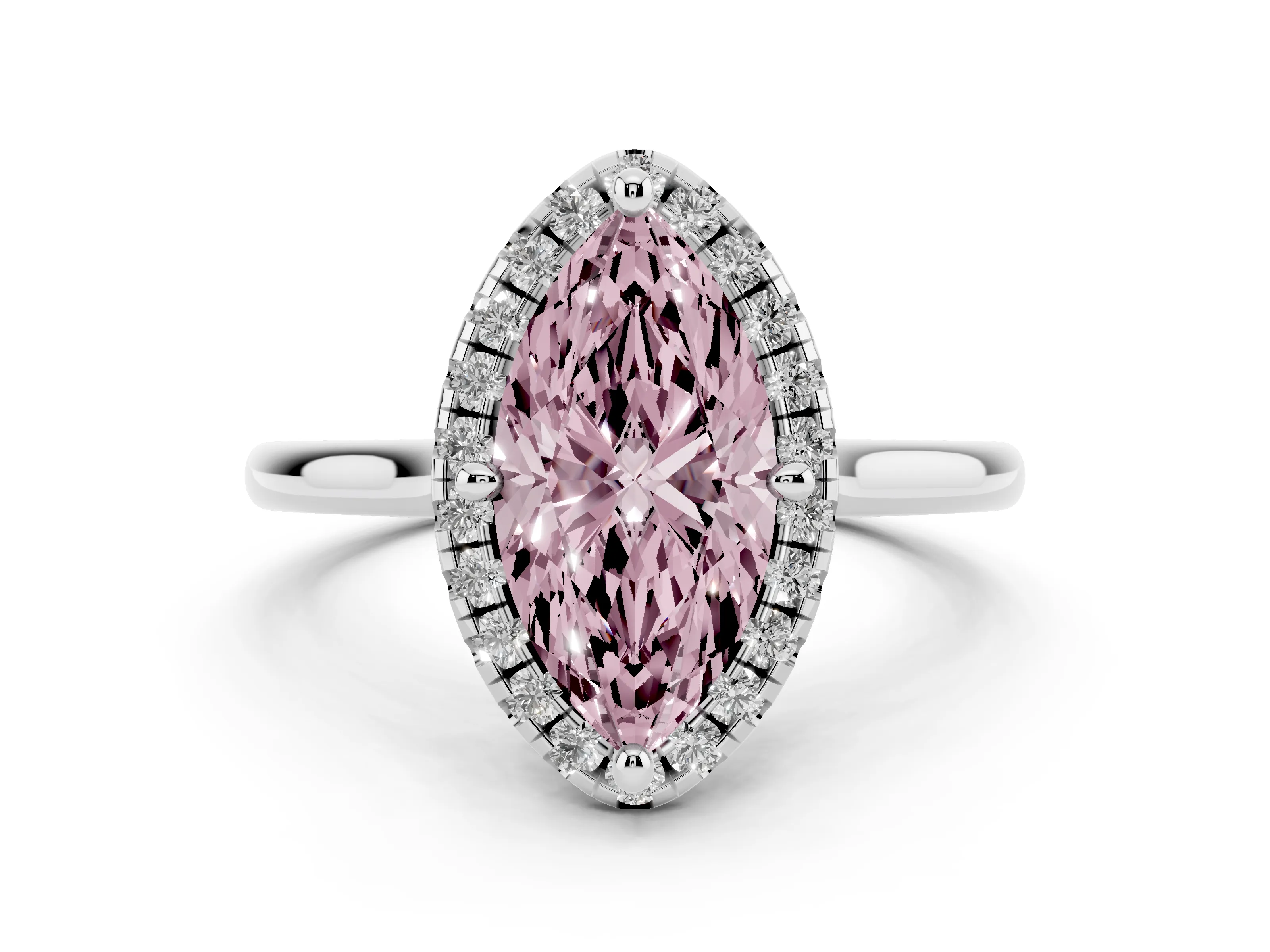 Fancy Pink Marquise Cut Diamond Halo Engagement Ring Set in Platinum with Pavé Band and Rising Shoulders
