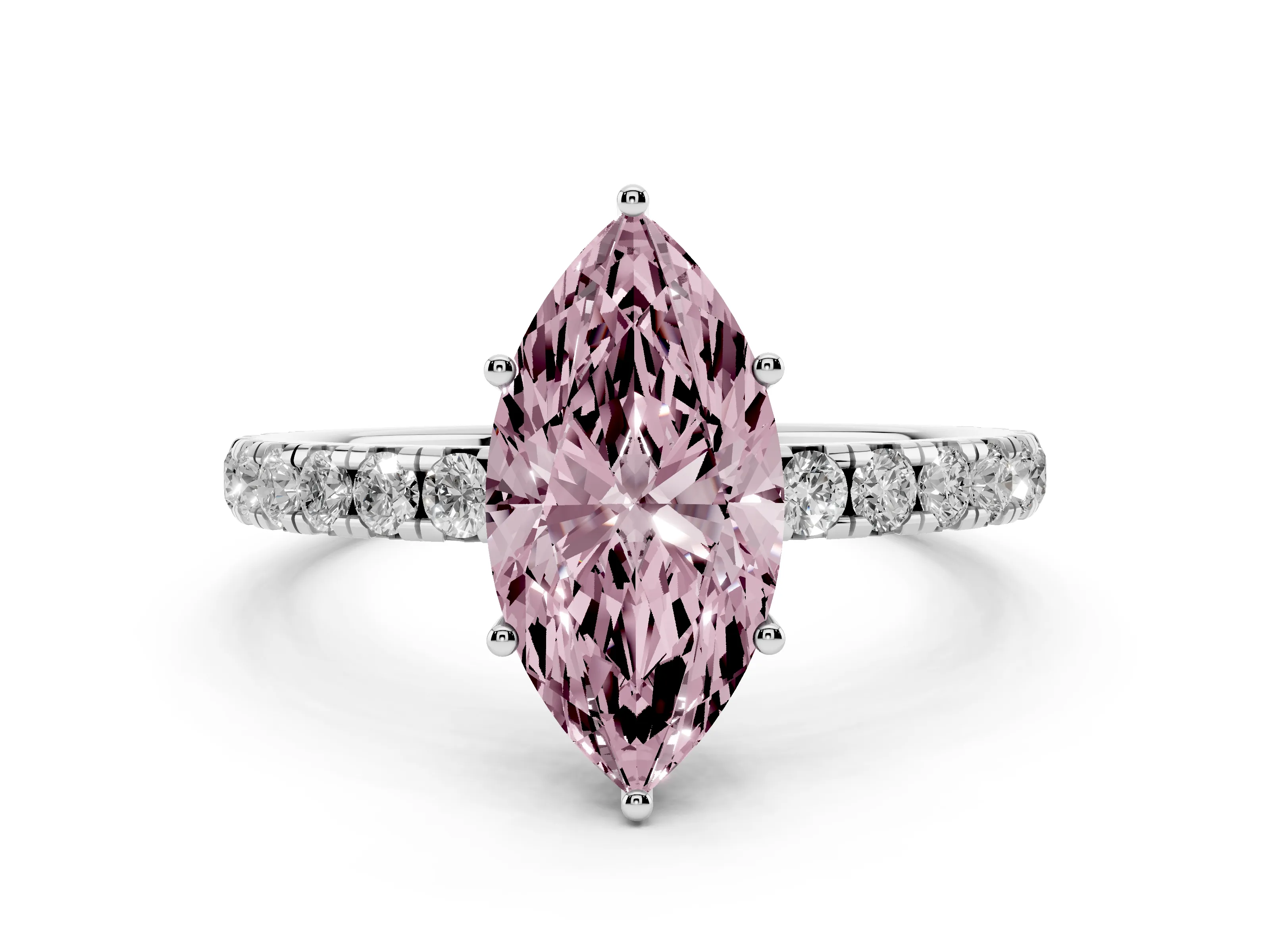 Fancy Pink Marquise Cut Diamond Pavé Solitaire Engagement Ring Set in White gold with Prong Setting