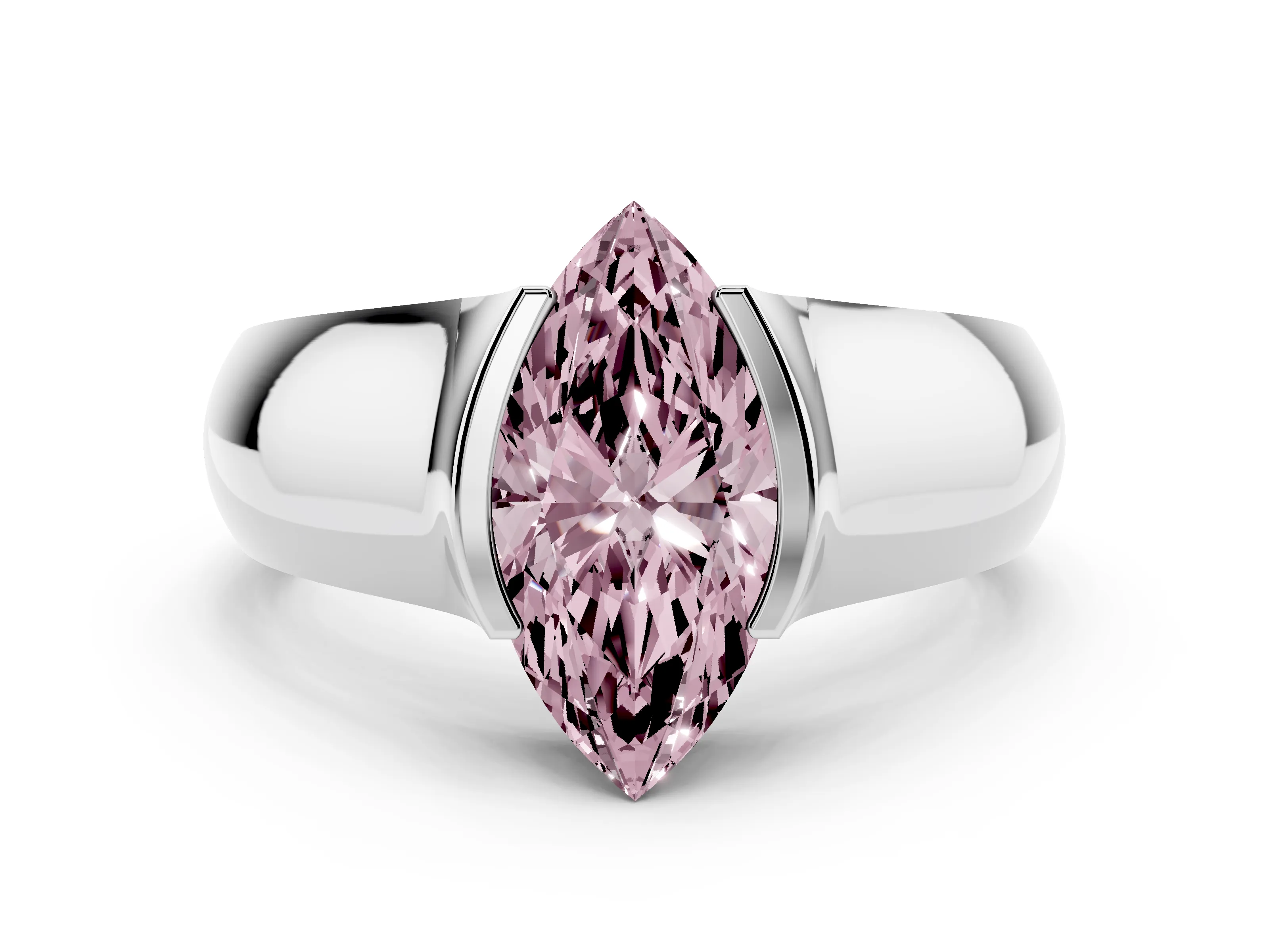 Fancy Pink Marquise Cut Diamond Bezel Solitaire Ring Set in White gold with Wide Band
