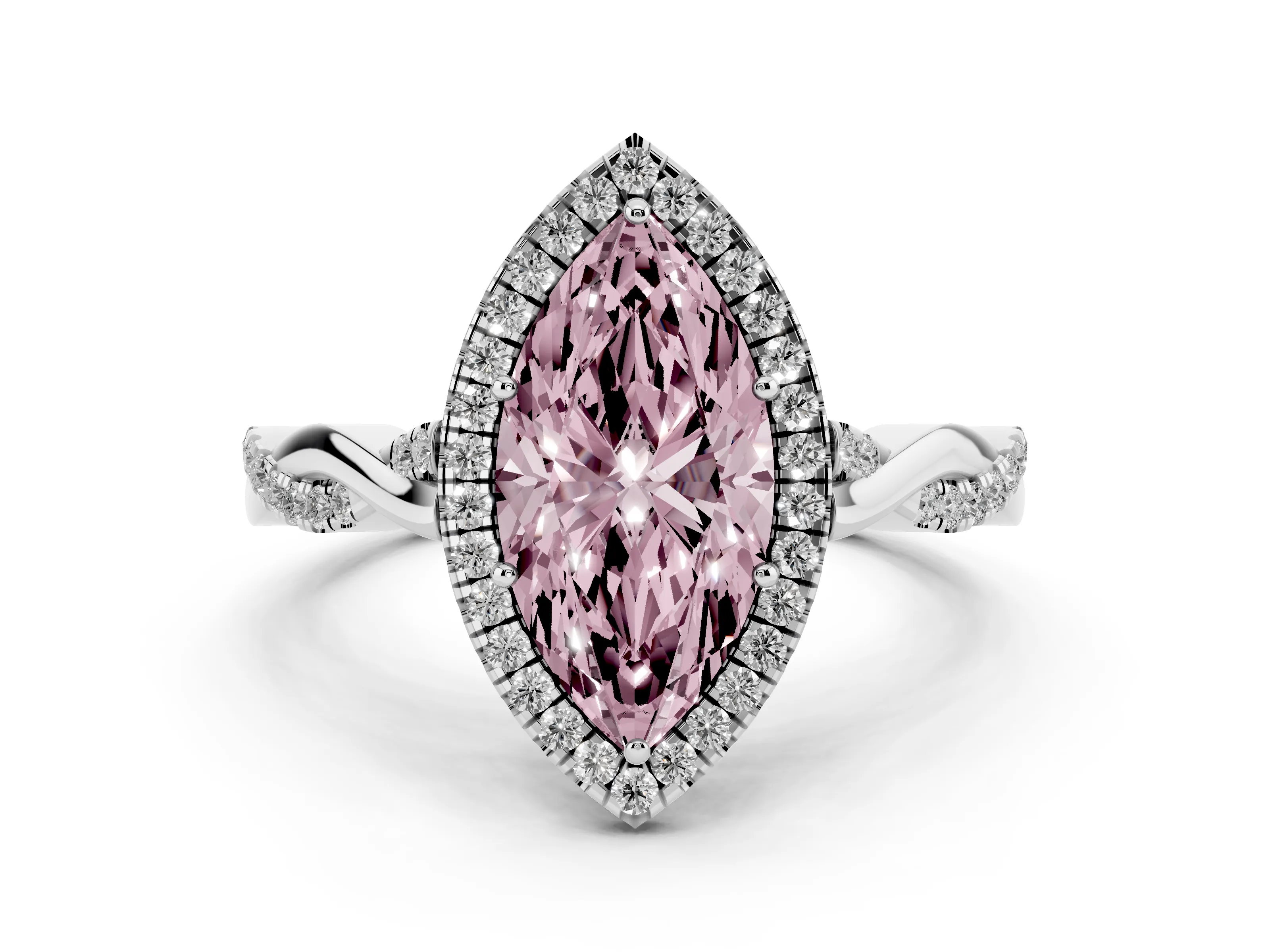 Fancy Pink Marquise Cut Diamond Halo Twist Band Solitaire Ring Set in White gold with Prong Setting
