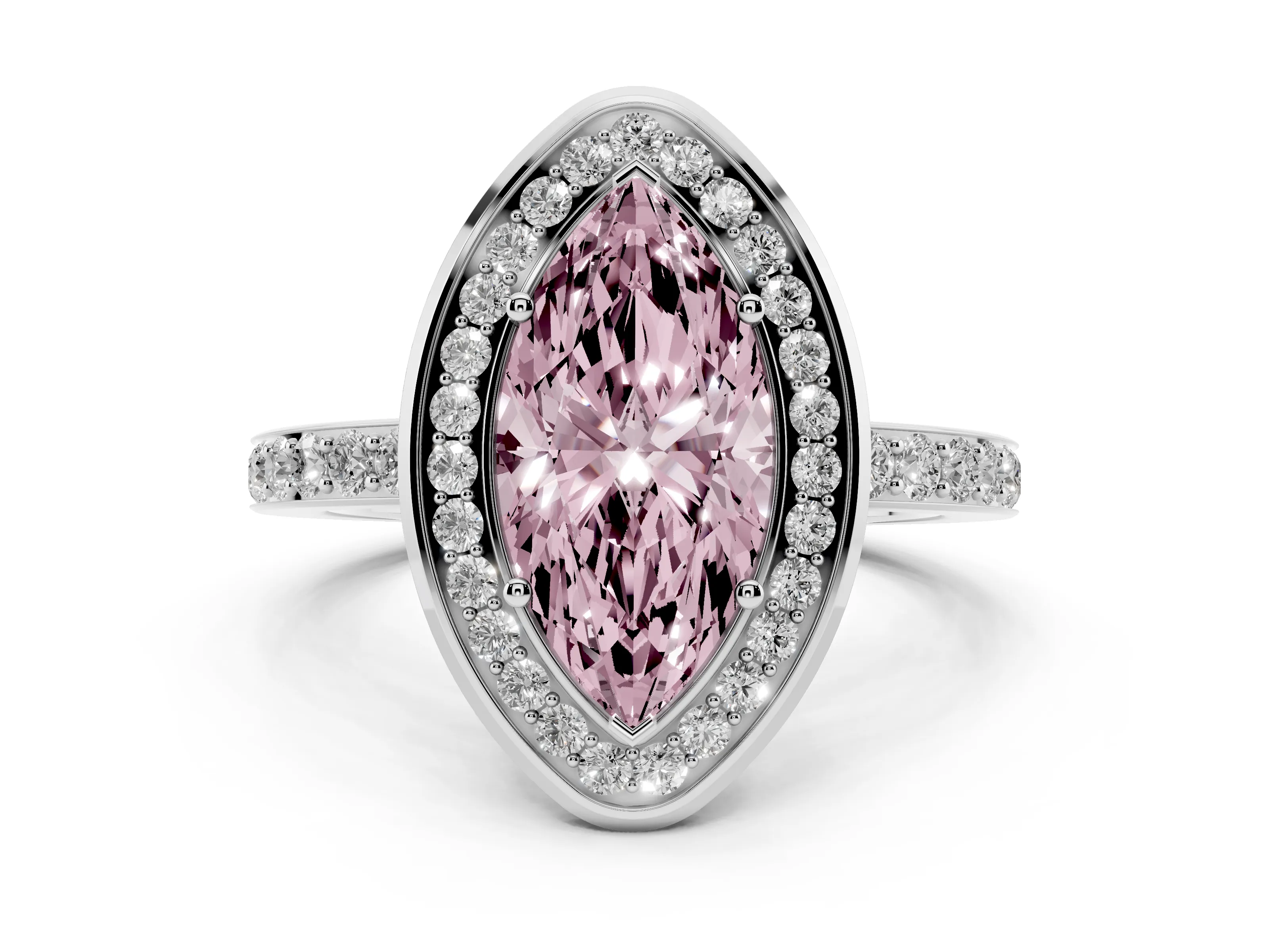 Fancy Pink Marquise Cut Diamond Halo Ring Set in Silver with Bezel Frame and Pavé Band