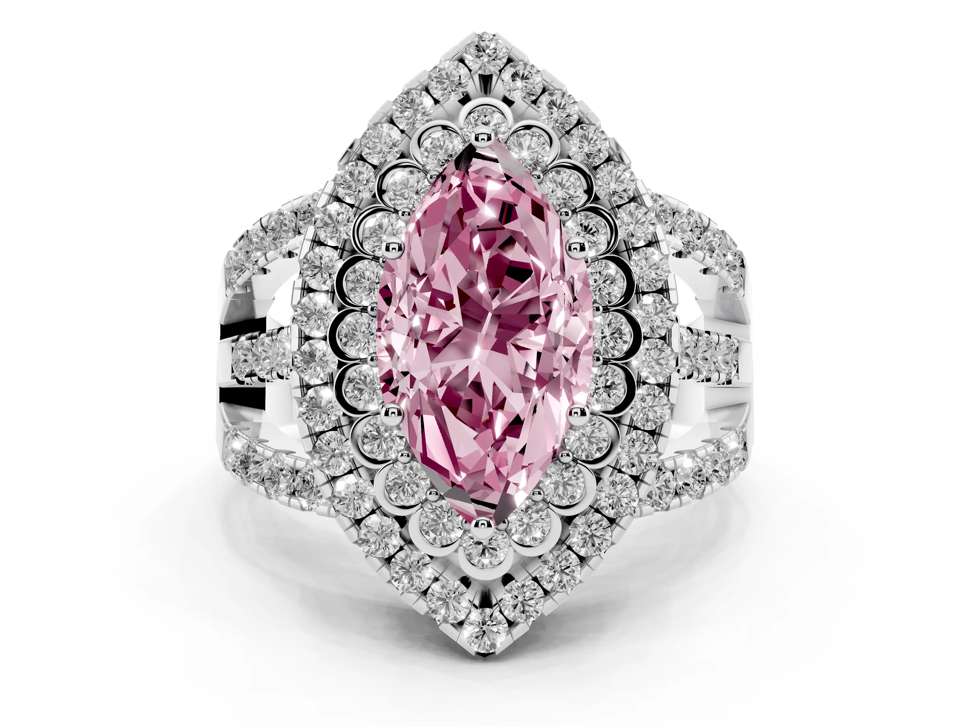 Fancy Pink Marquise Cut Diamond Double Halo Ring Set in White gold with Round Pavé Split Shank