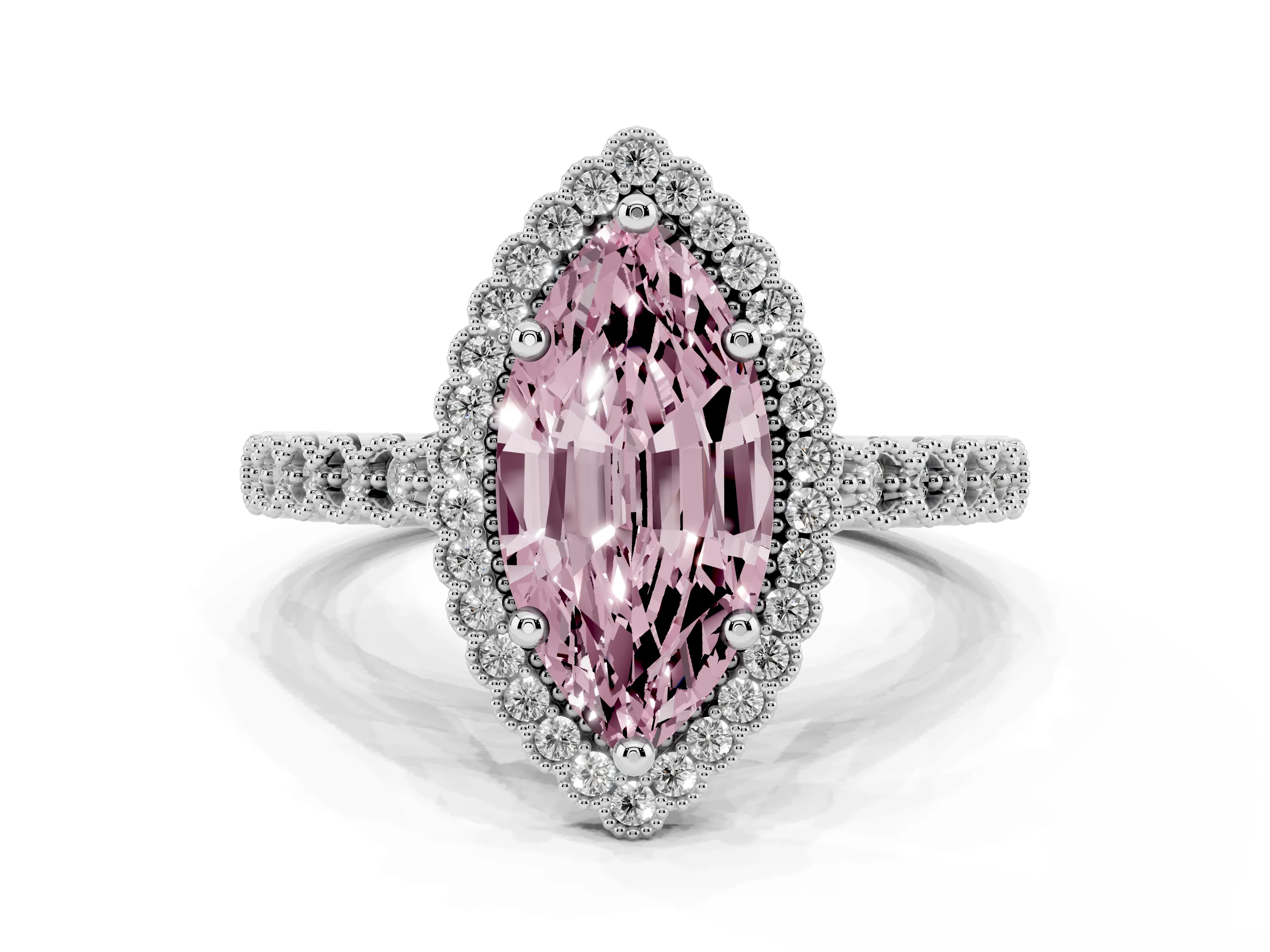 Fancy Pink Marquise Cut Diamond Halo Ring Set in Silver with Pavé Milgrain Band