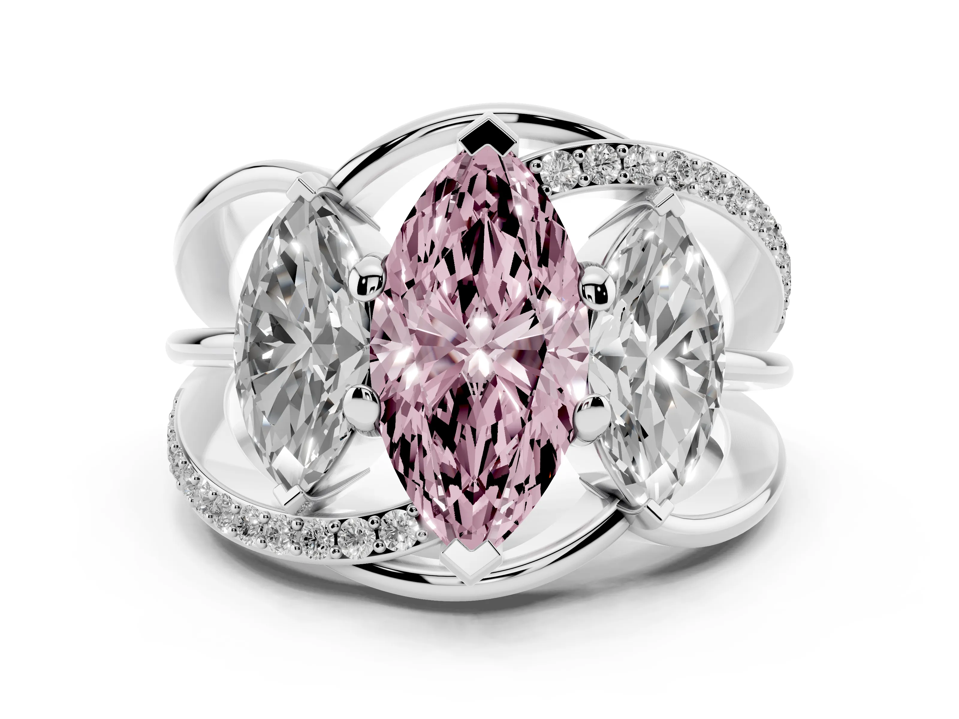 Fancy Pink Marquise Cut Diamond Three-Stone Ring Set in Silver with Split Shank and Prong Setting