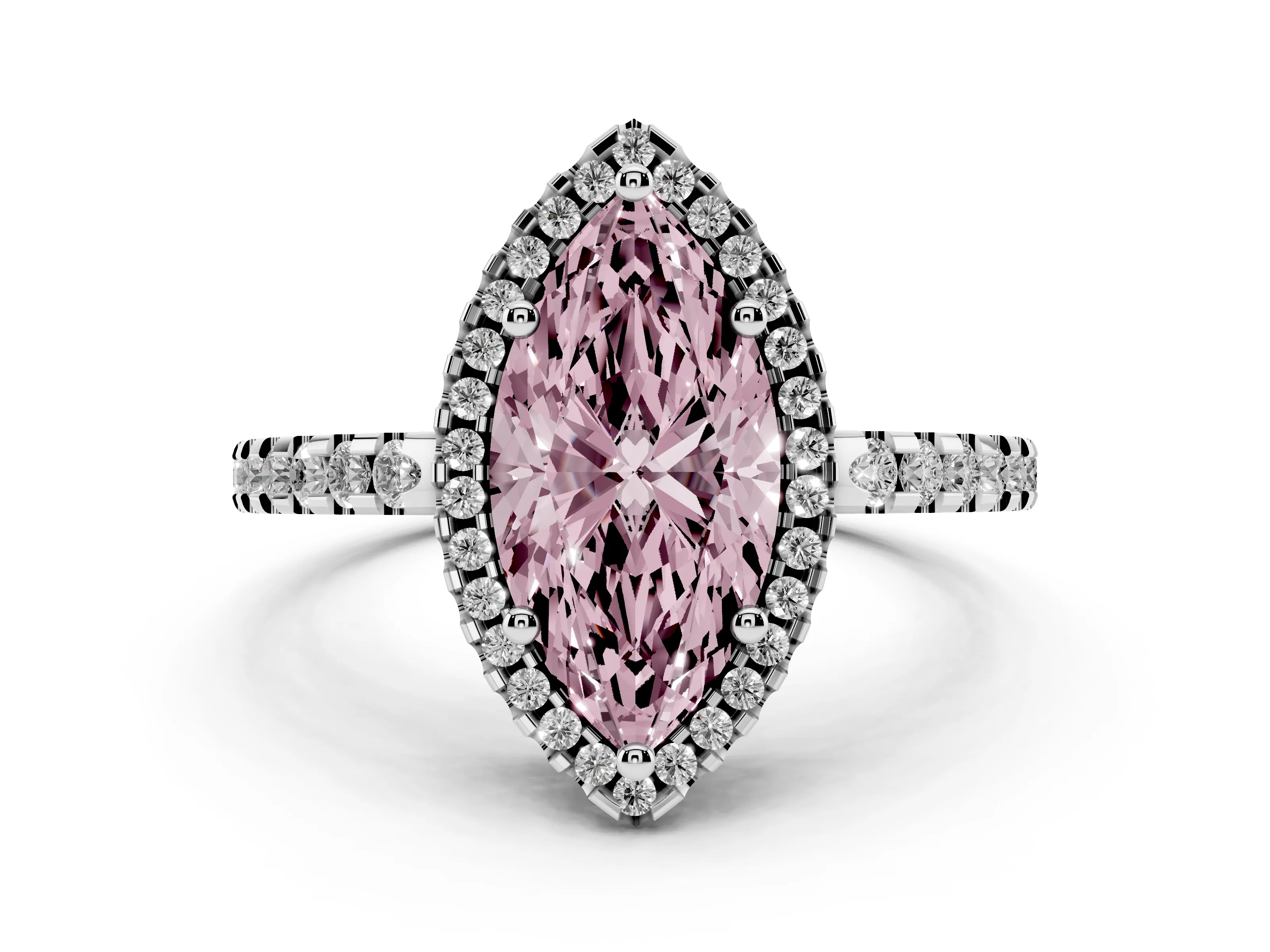 Fancy Pink Marquise Cut Diamond Halo Ring Set in White gold with Pavé Shoulders and Halo-Framed Center