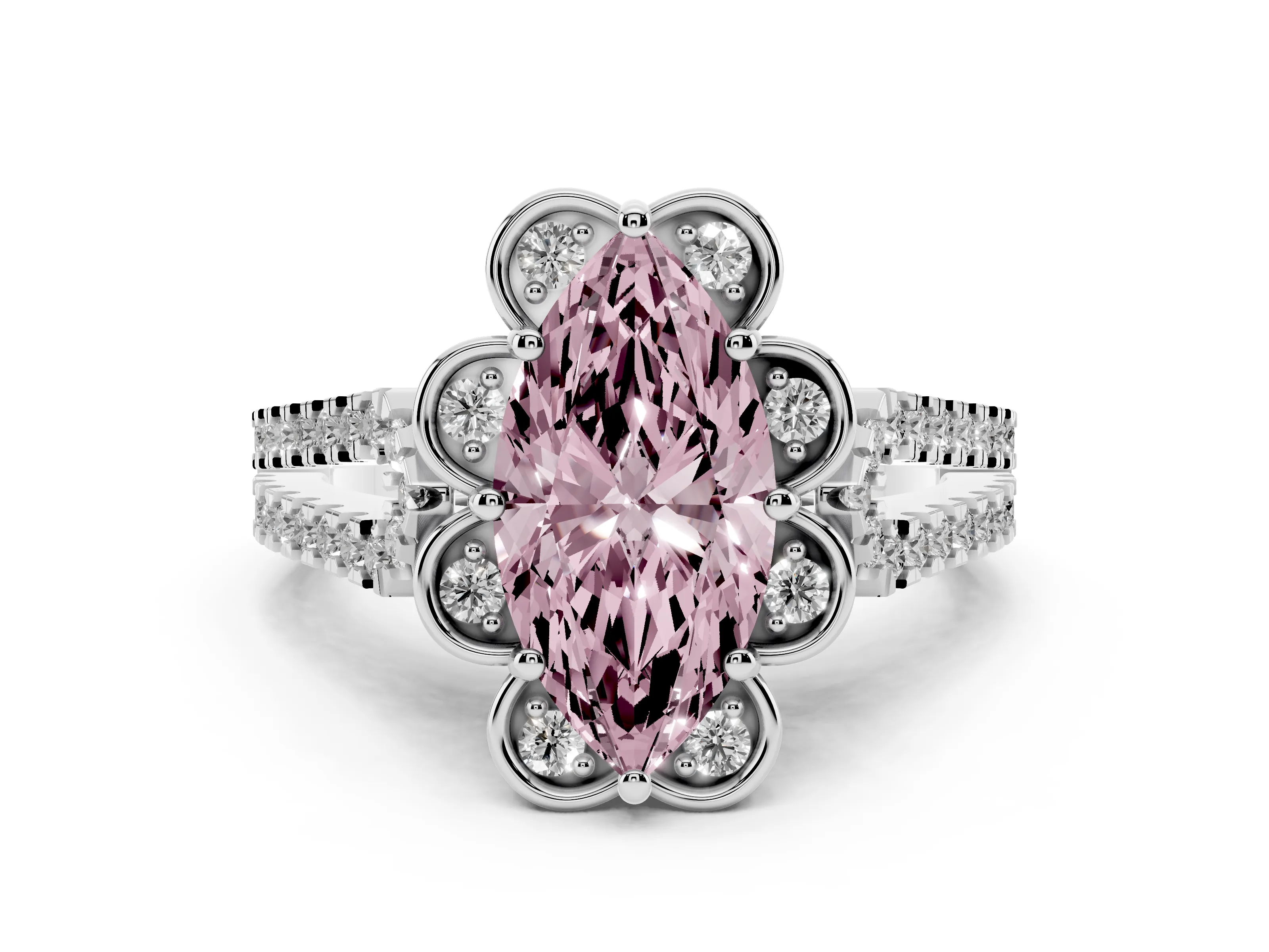 Fancy Pink Marquise Cut Diamond Floral Halo Split Shank Engagement Ring Set in Platinum with Pavé Shank