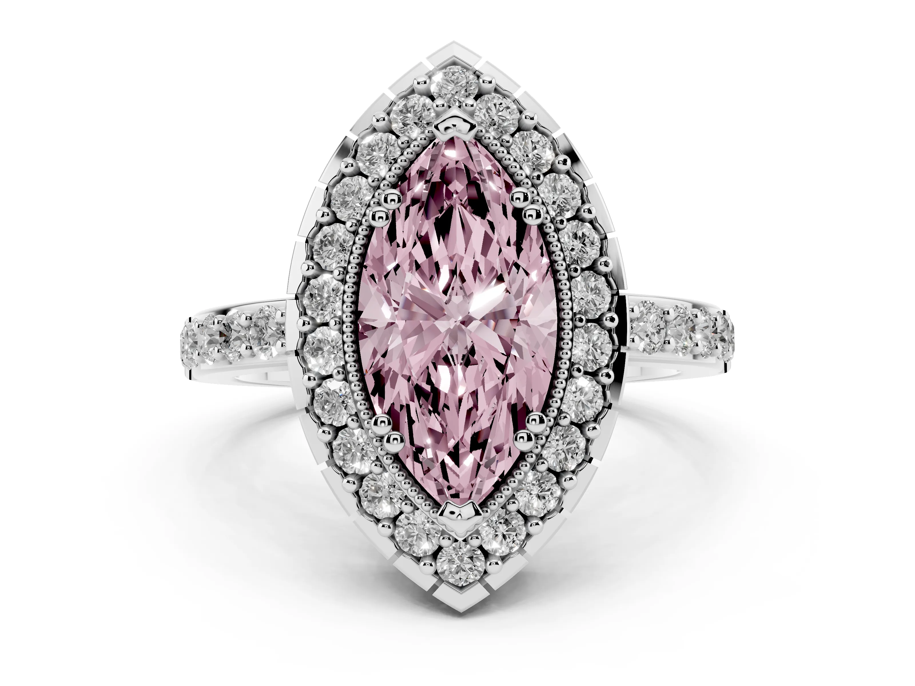 Fancy Pink Marquise Cut Diamond Halo Ring Set in White gold with Pavé Shank and Prong Setting