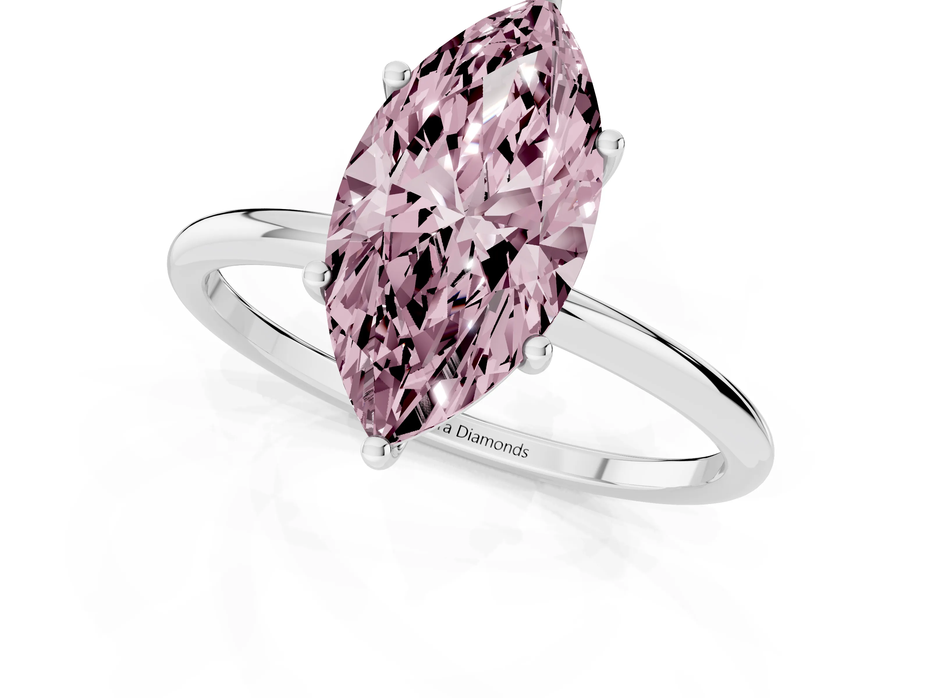 Fancy Pink Marquise Cut Diamond Solitaire Engagement Ring Set in Platinum with Thin Band and Prong Setting
