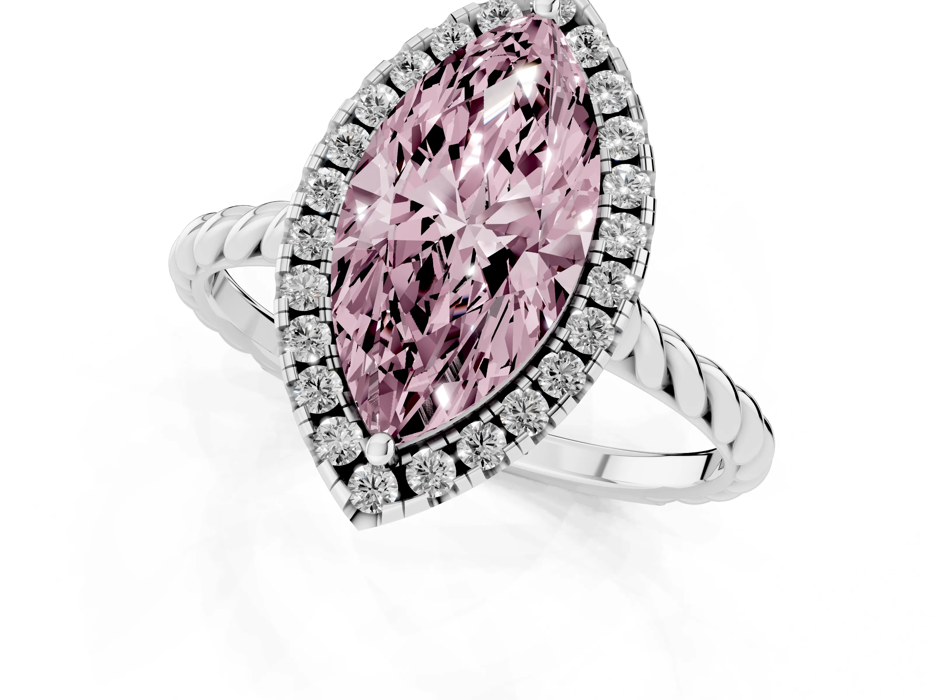 Fancy Pink Marquise Cut Diamond Halo Ring Set in Silver with Plain Twisted Band