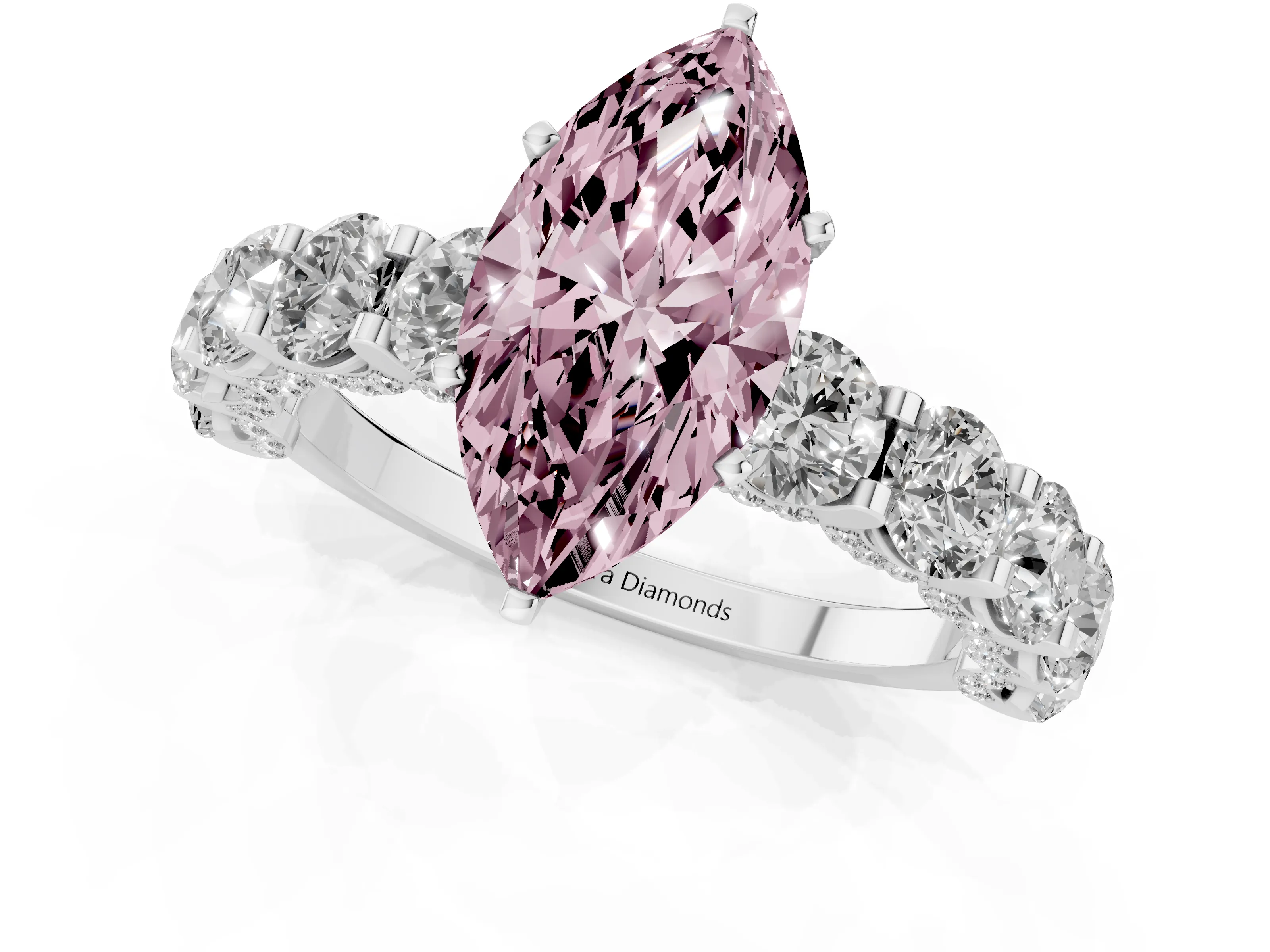 Fancy Pink Marquise Cut Diamond Side Stone Ring Set in Silver with Alternating Round and Oval Side Stones