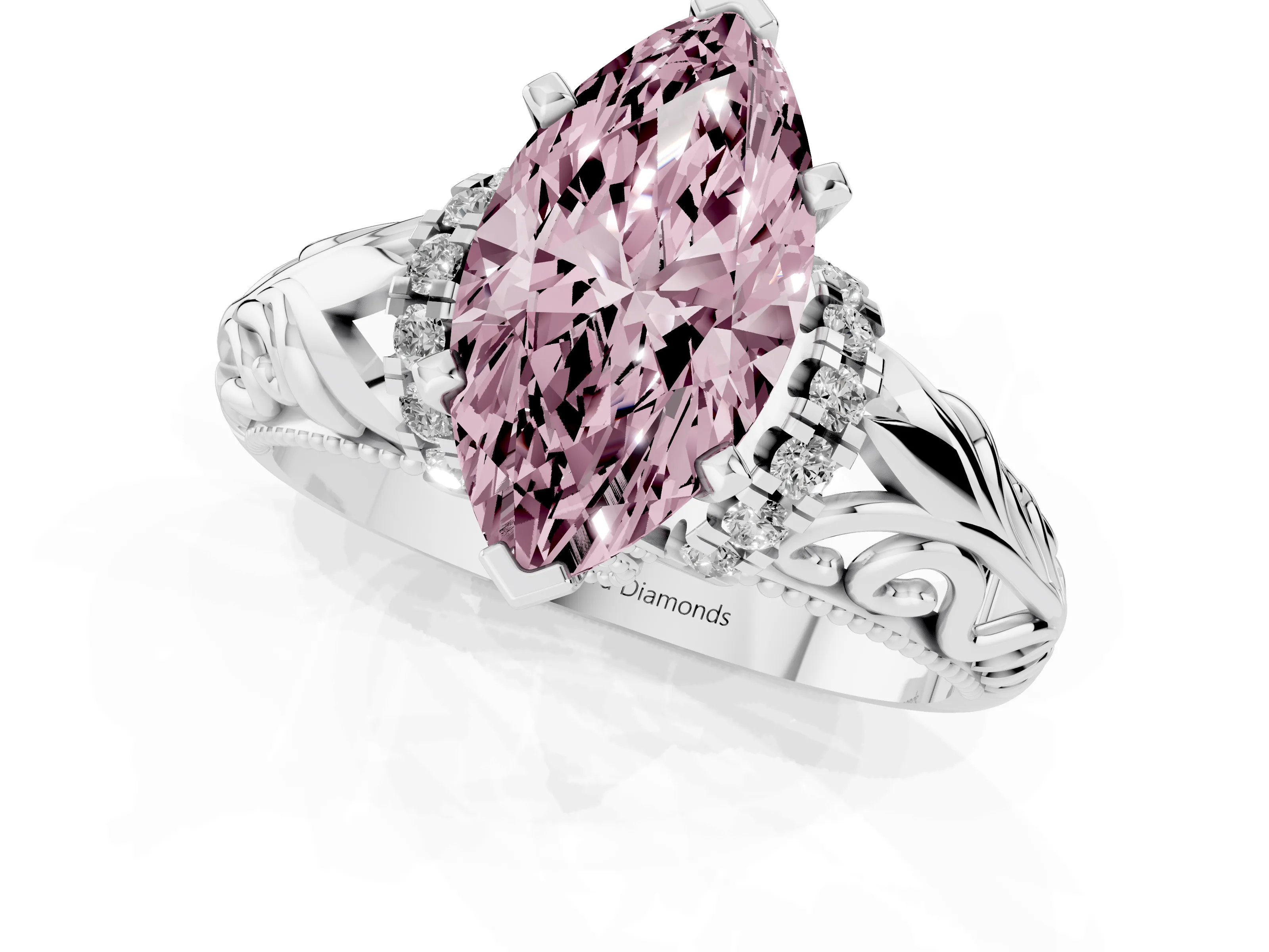 Fancy Pink Marquise Cut Diamond Filigree Halo Engagement Ring Set in White gold with Prong Setting