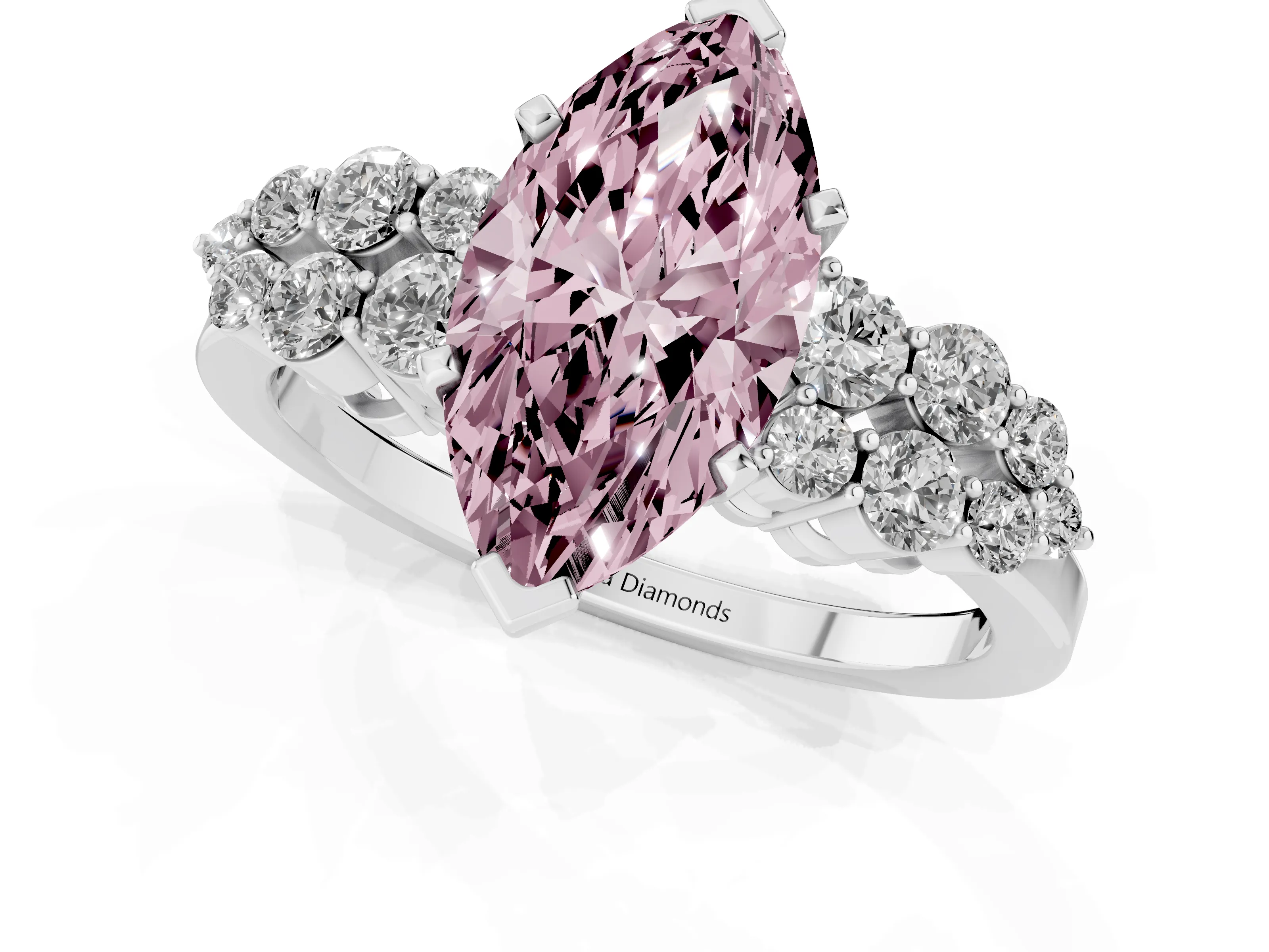Fancy Pink Marquise Cut Diamond Cluster Engagement Ring Set in Silver with Pavé Band and Prong Setting