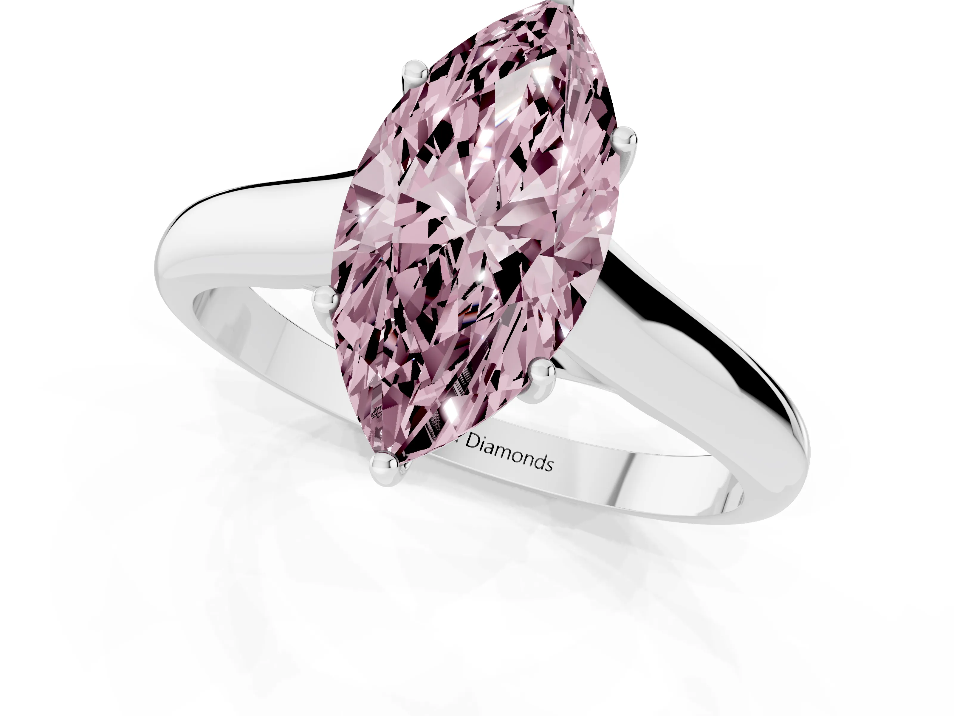 Fancy Pink Marquise Cut Diamond Solitaire Engagement Ring Set in White gold with Subtly Tapered Band and Prong Setting