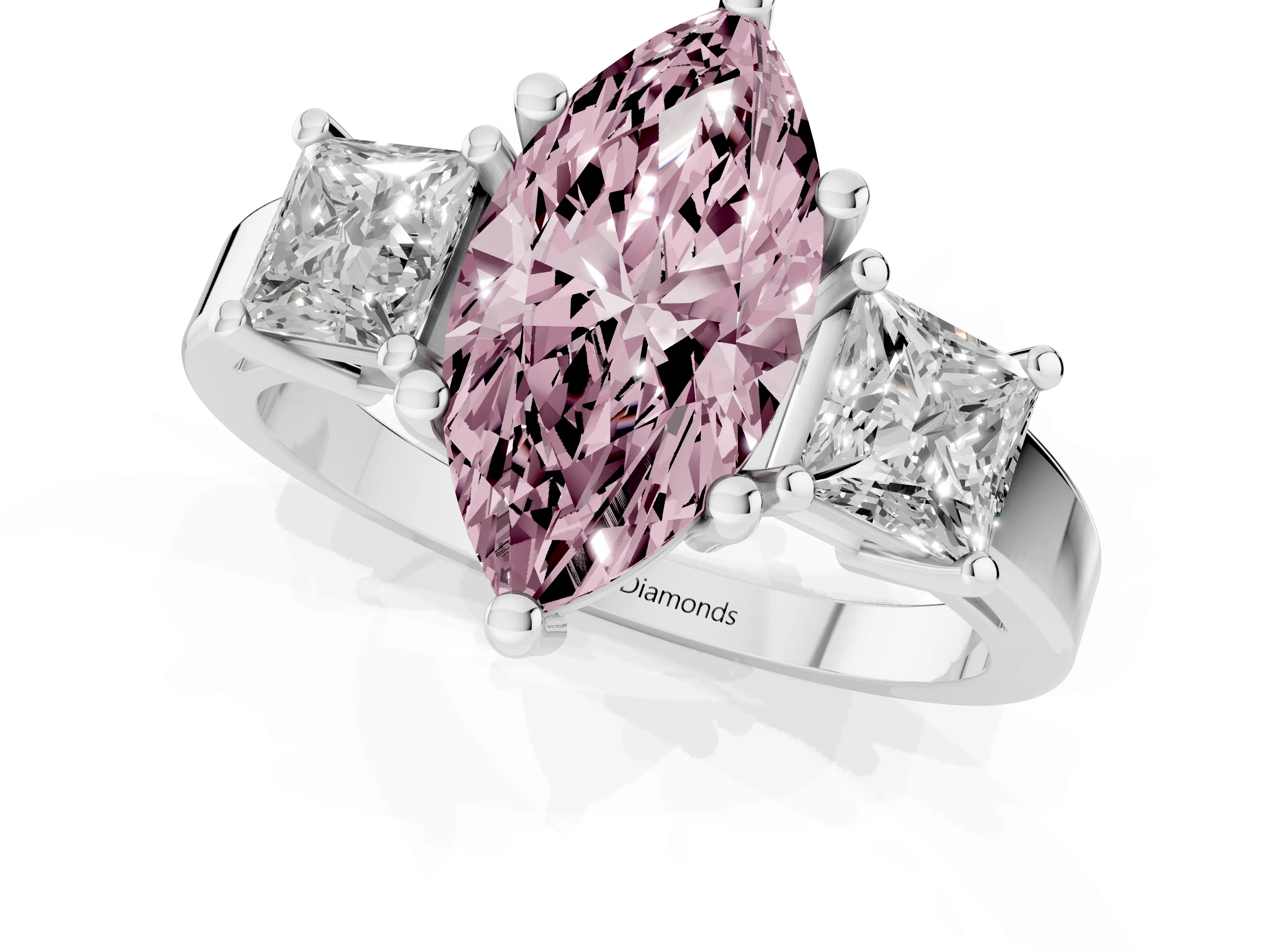 Fancy Pink Three-Stone Marquise Cut Diamond Solitaire Ring Set in Platinum with Prong Setting