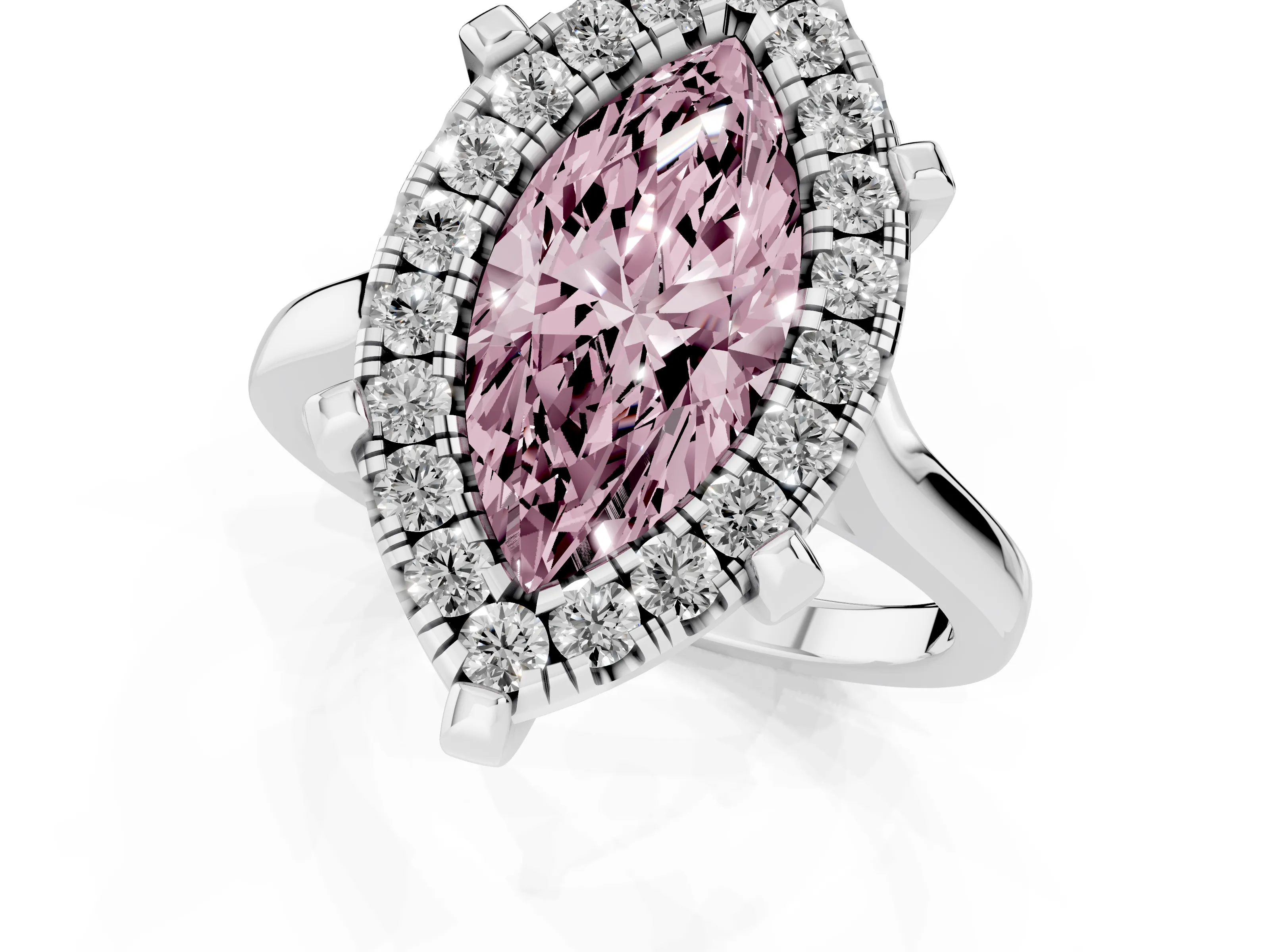 Fancy Pink Marquise Cut Diamond Cluster Halo Solitaire Ring Set in Platinum with Prong Setting