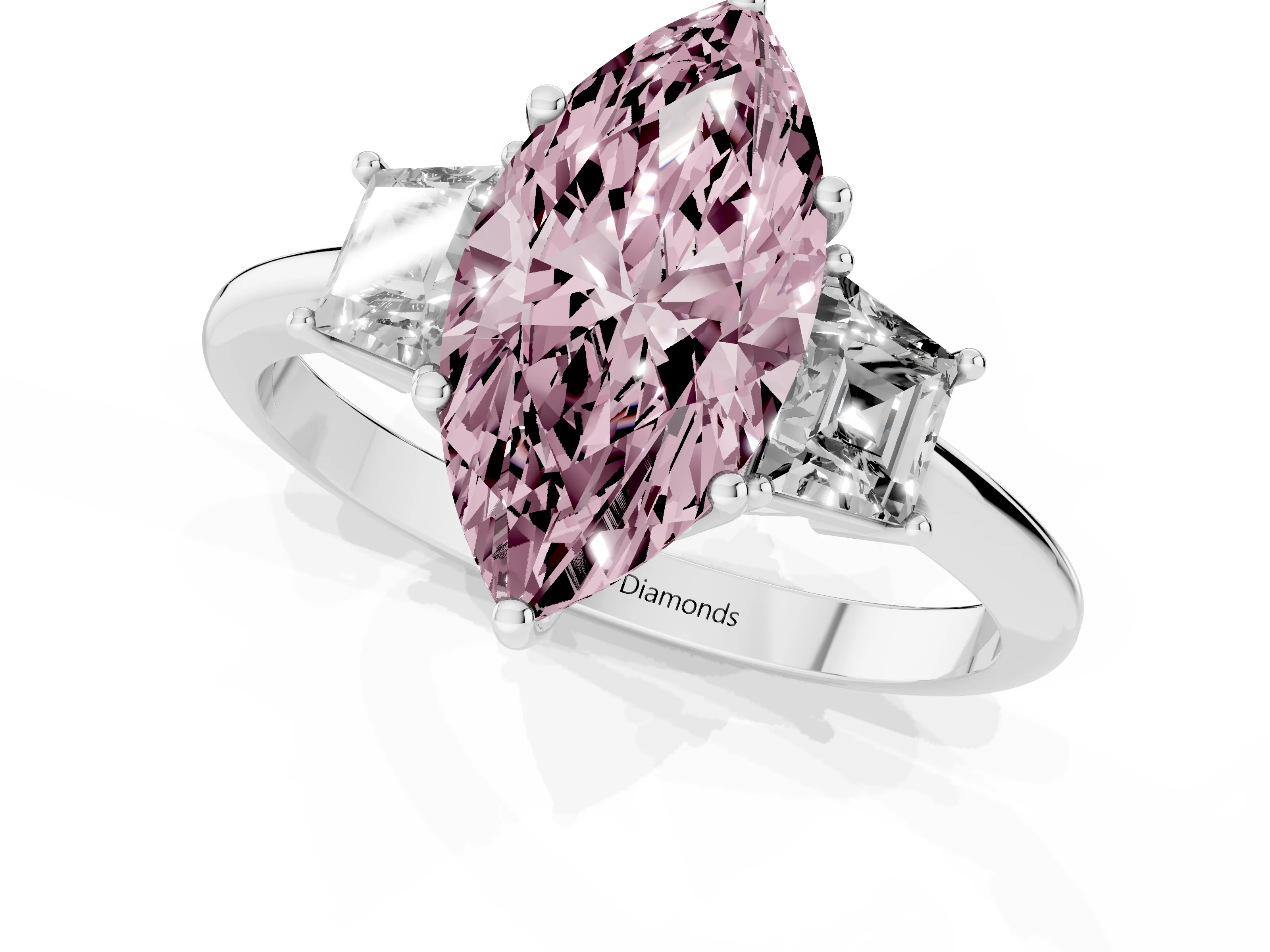 Fancy Pink Marquise Cut Diamond Three-Stone Ring Set in Silver with Trapezoid Side Stones and Prong Setting