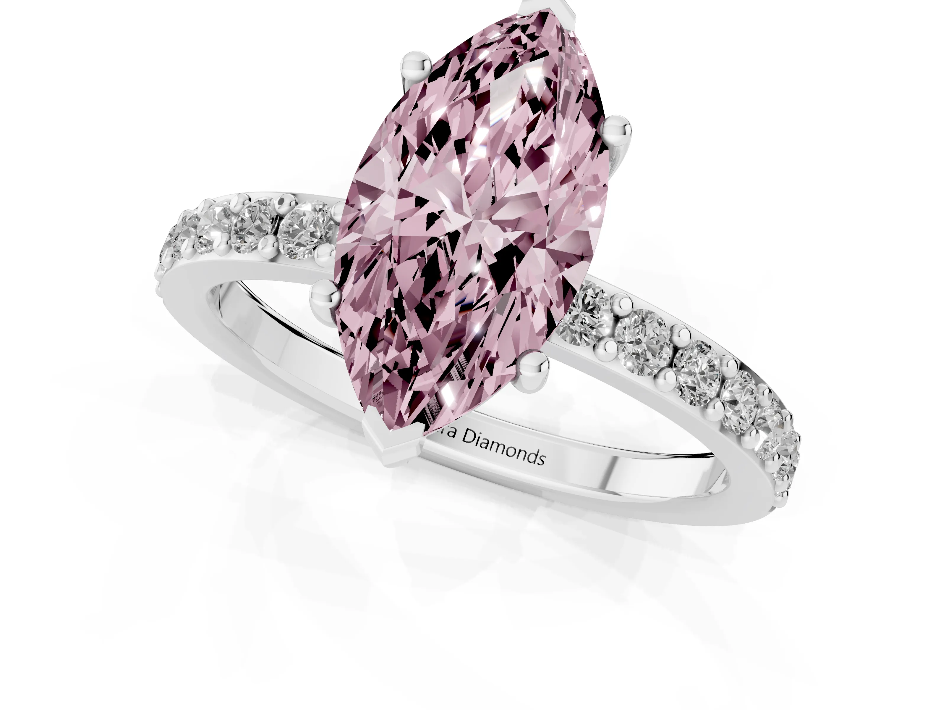 Fancy Pink Marquise Cut Diamond Solitaire Set in Silver with Round Pavé Band and Prong Setting
