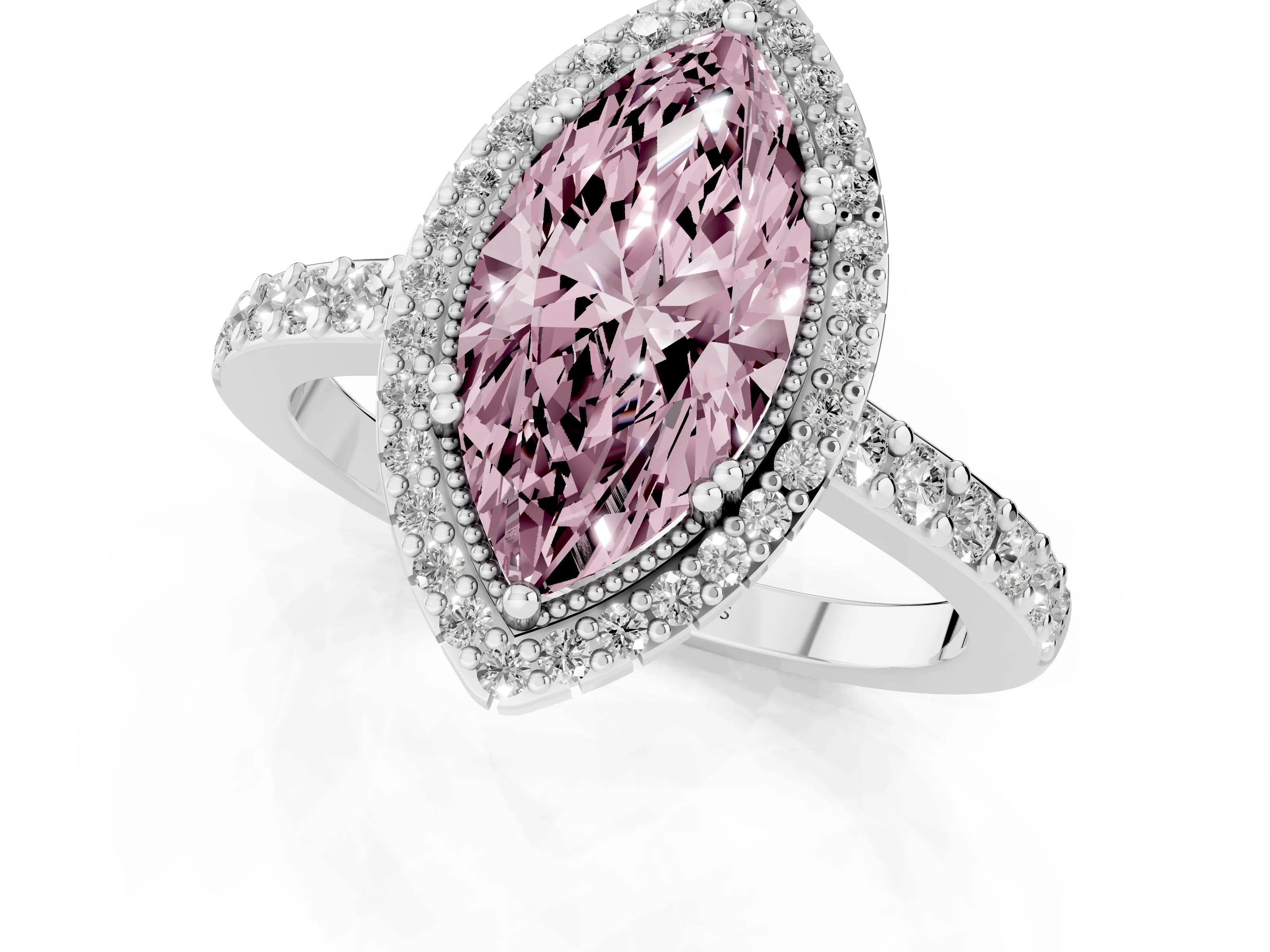 Fancy Pink Marquise Cut Diamond Halo Engagement Ring Set in Silver with Milgrain Detail and Pavé Band