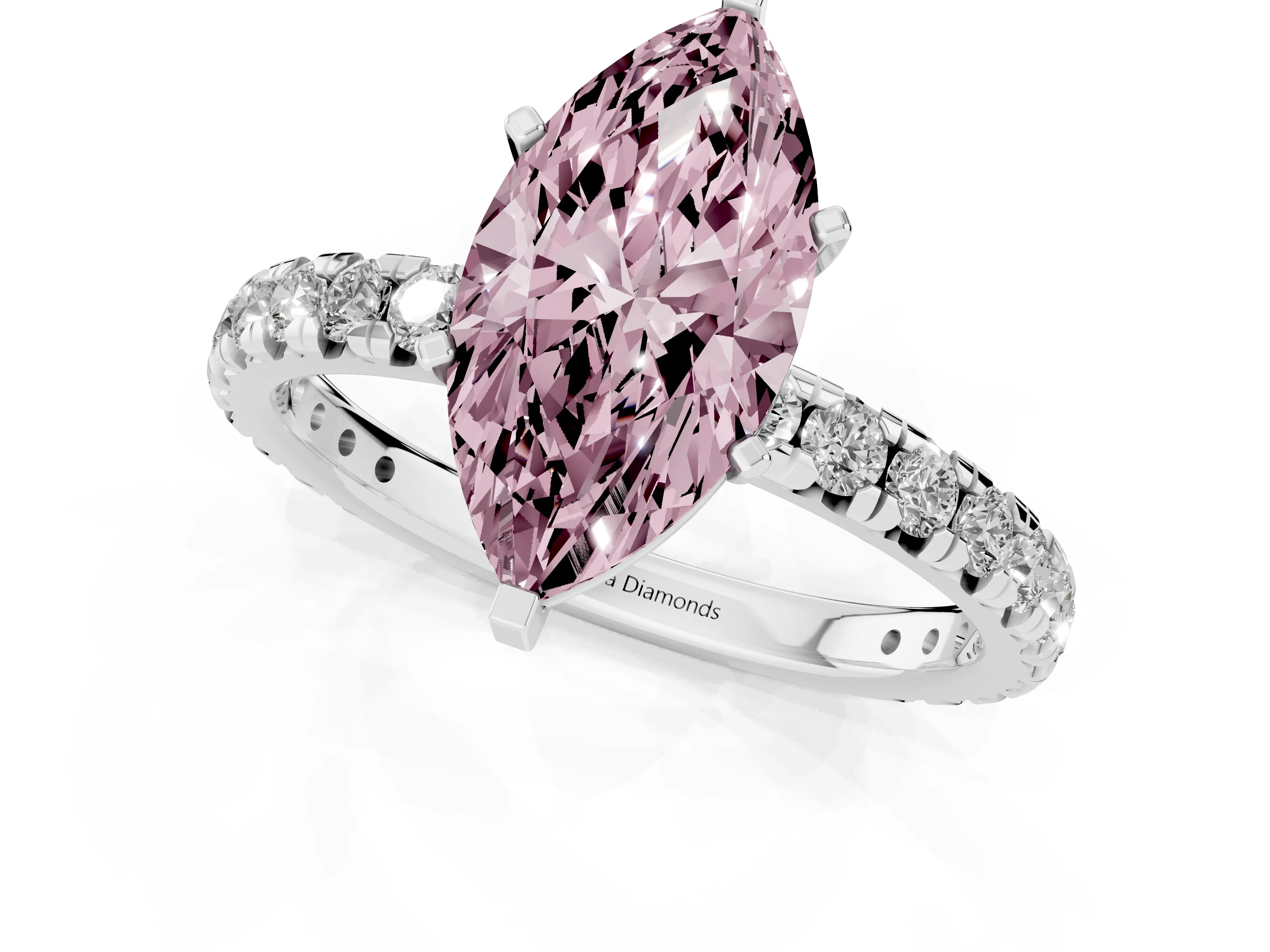 Fancy Pink Marquise Cut Diamond Pavé Solitaire Ring Set in Platinum with Round Band and Prong Setting