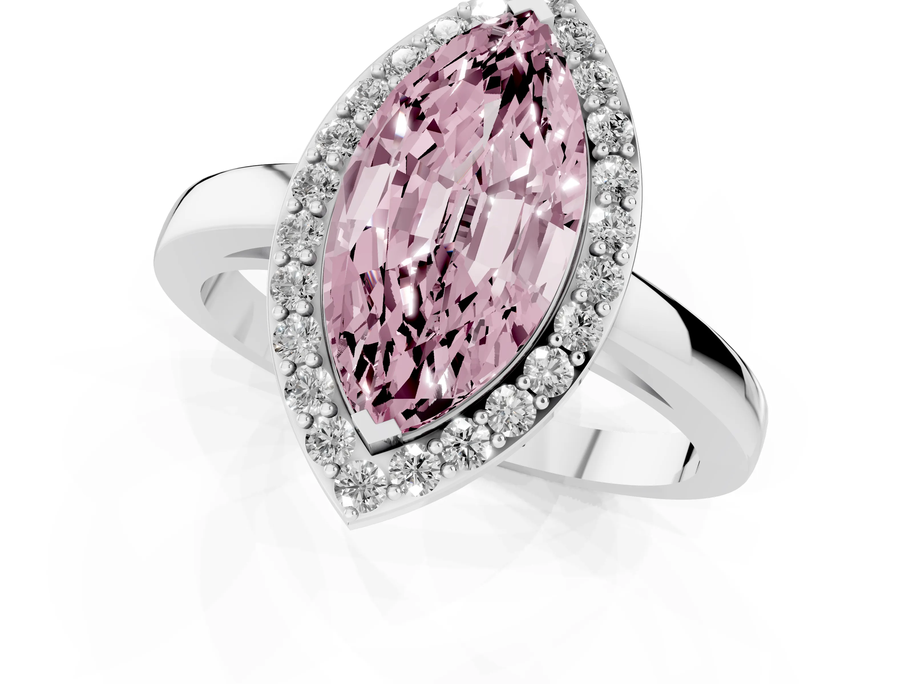Fancy Pink Marquise Cut Diamond Halo Ring Set in White gold with Solitaire Band and Prong Setting