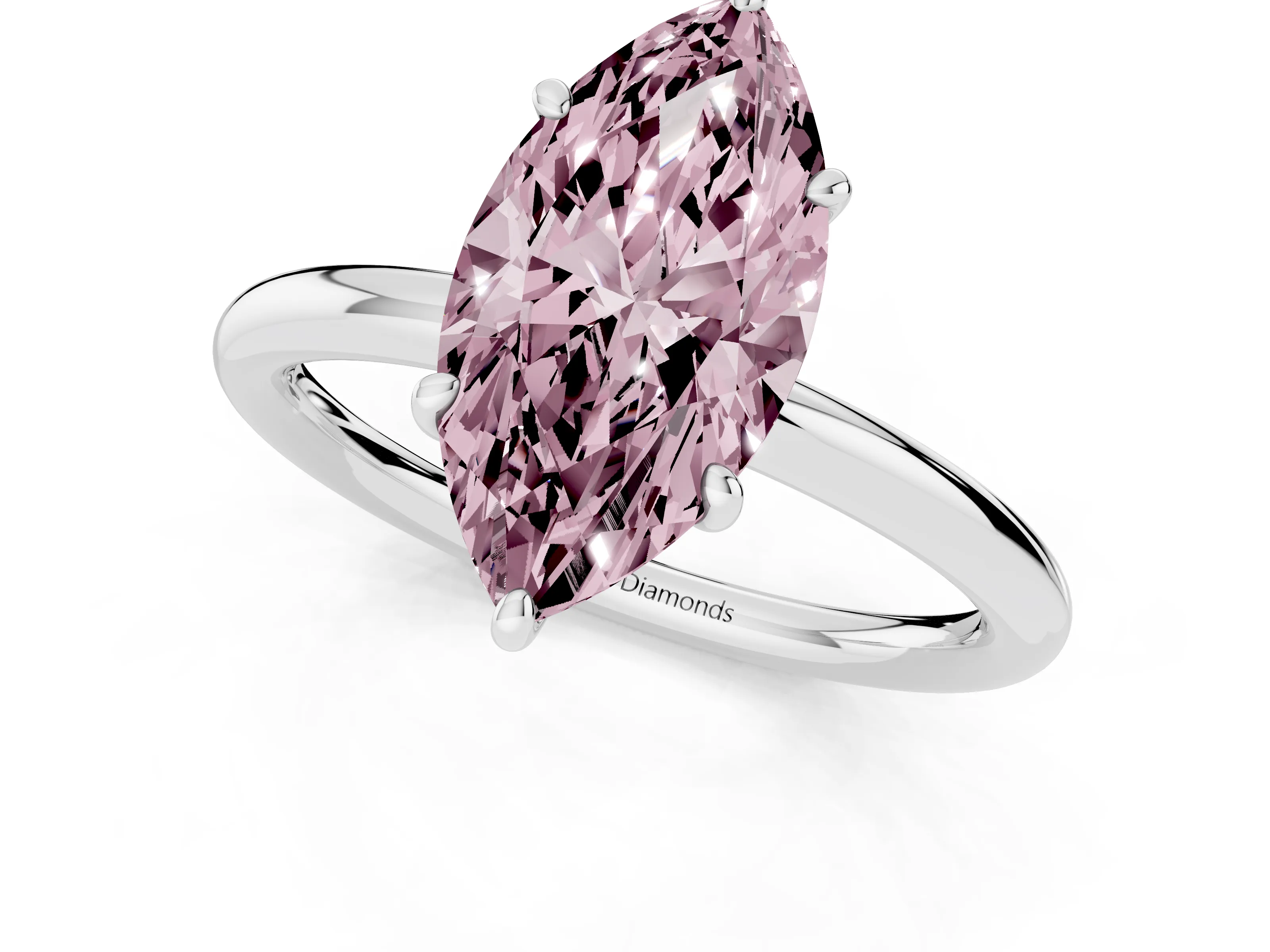 Fancy Pink Marquise Cut Diamond Solitaire Ring Set in Platinum with Prong Setting on a Polished Plain Band