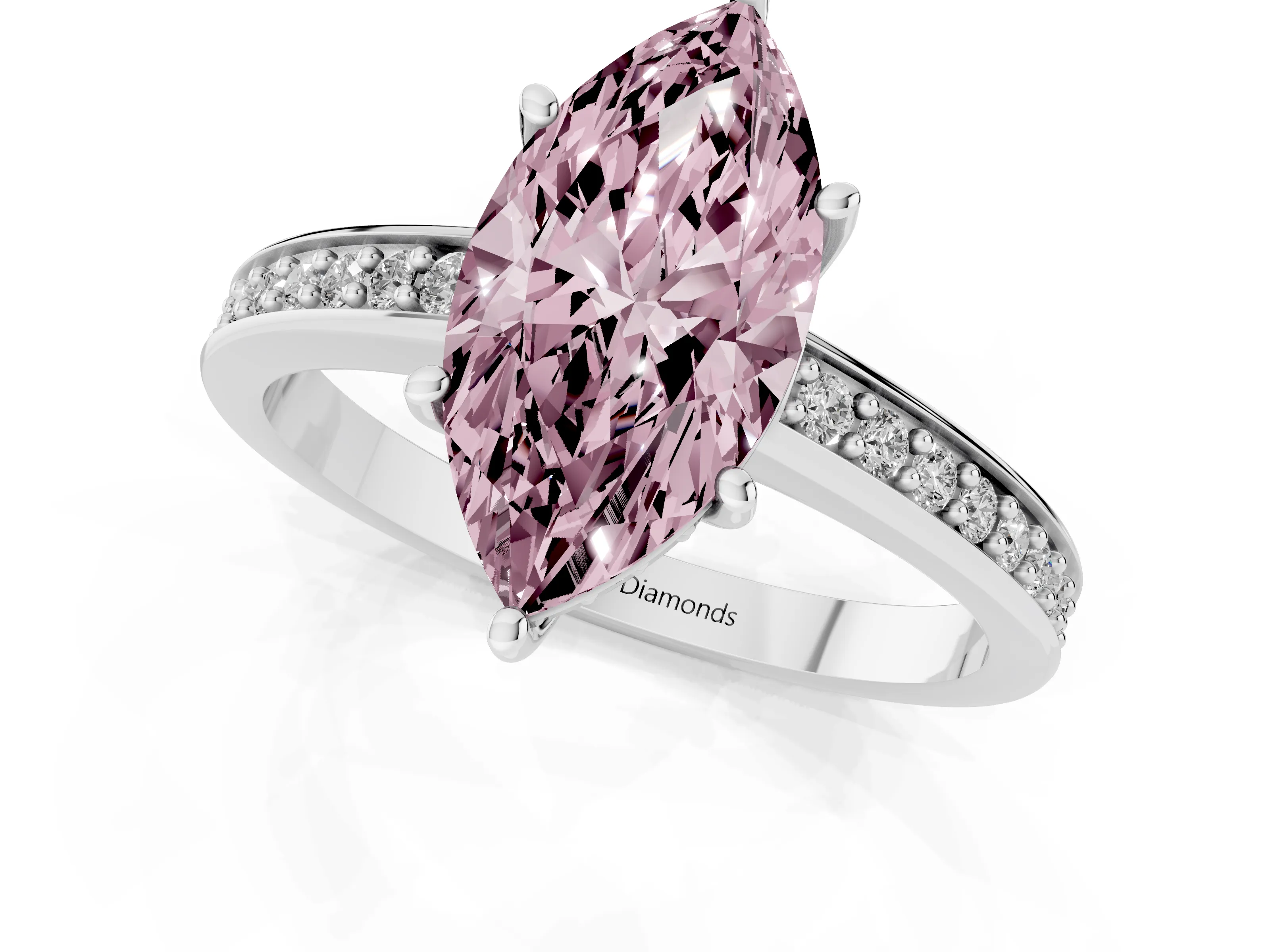 Fancy Pink Marquise Cut Diamond Pavé Band Prong Set Solitaire Ring Set in Platinum