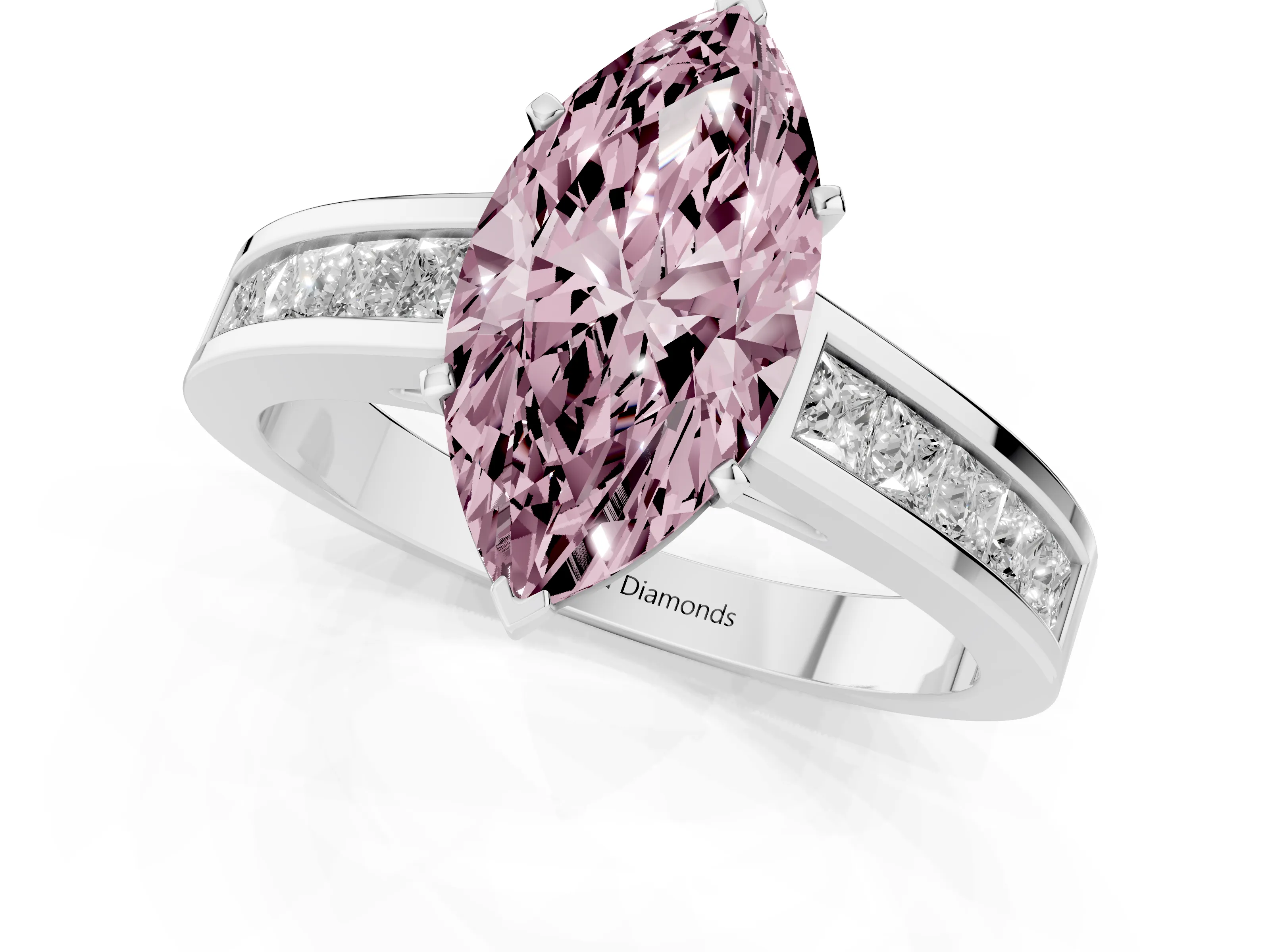 Fancy Pink Marquise Cut Diamond Solitaire Ring Set in Platinum with Channel-Set Band and Prong Setting
