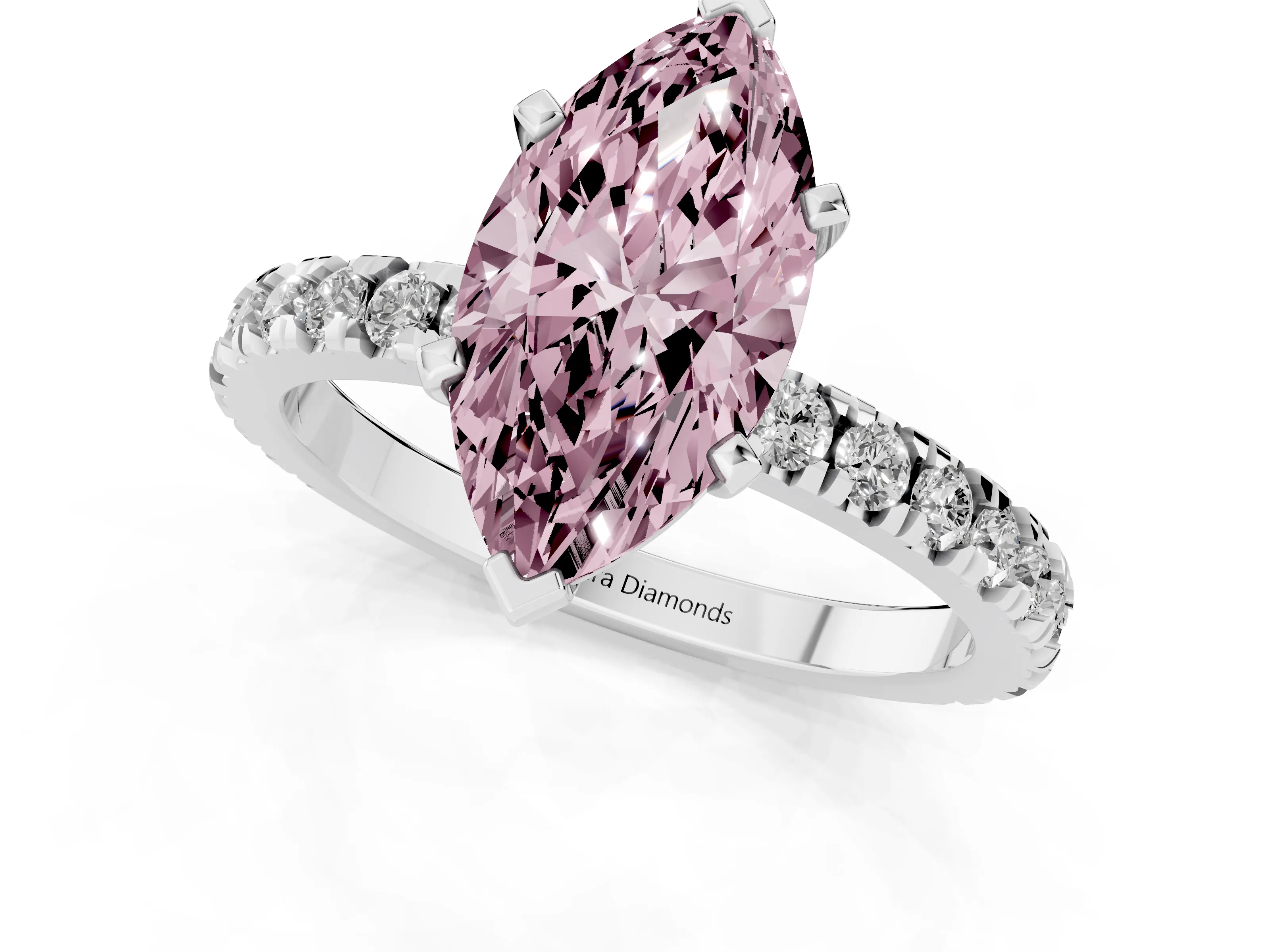Fancy Pink Marquise Cut Diamond Pavé Band Solitaire Set in White gold with Prong Setting