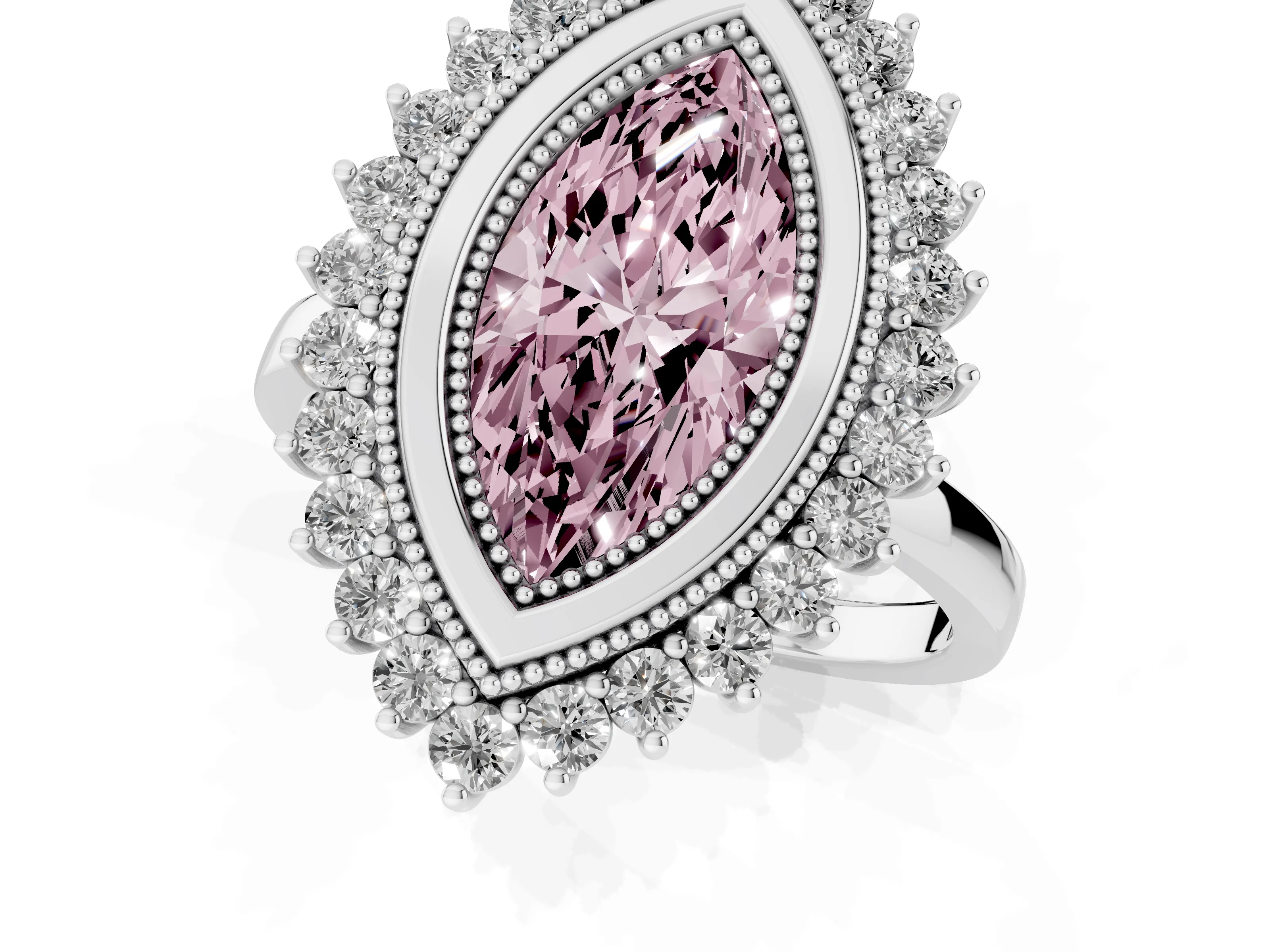 Fancy Pink Marquise Cut Diamond Halo Ring Set in Silver with Milgrain Edge and Round Prong Setting