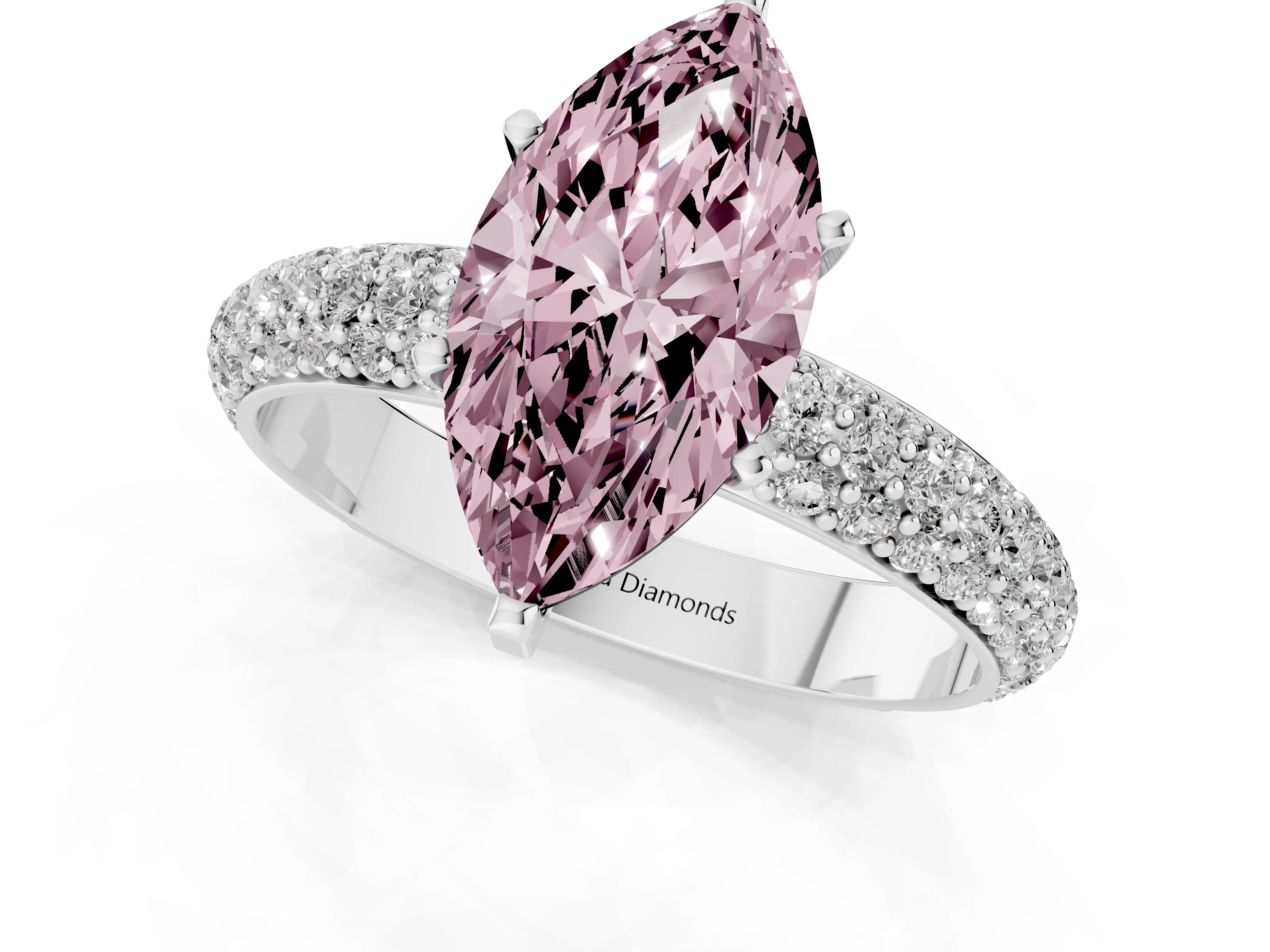 Fancy Pink Marquise Cut Diamond Solitaire Ring Set in Platinum with Prong Setting and Pavé-Set Band
