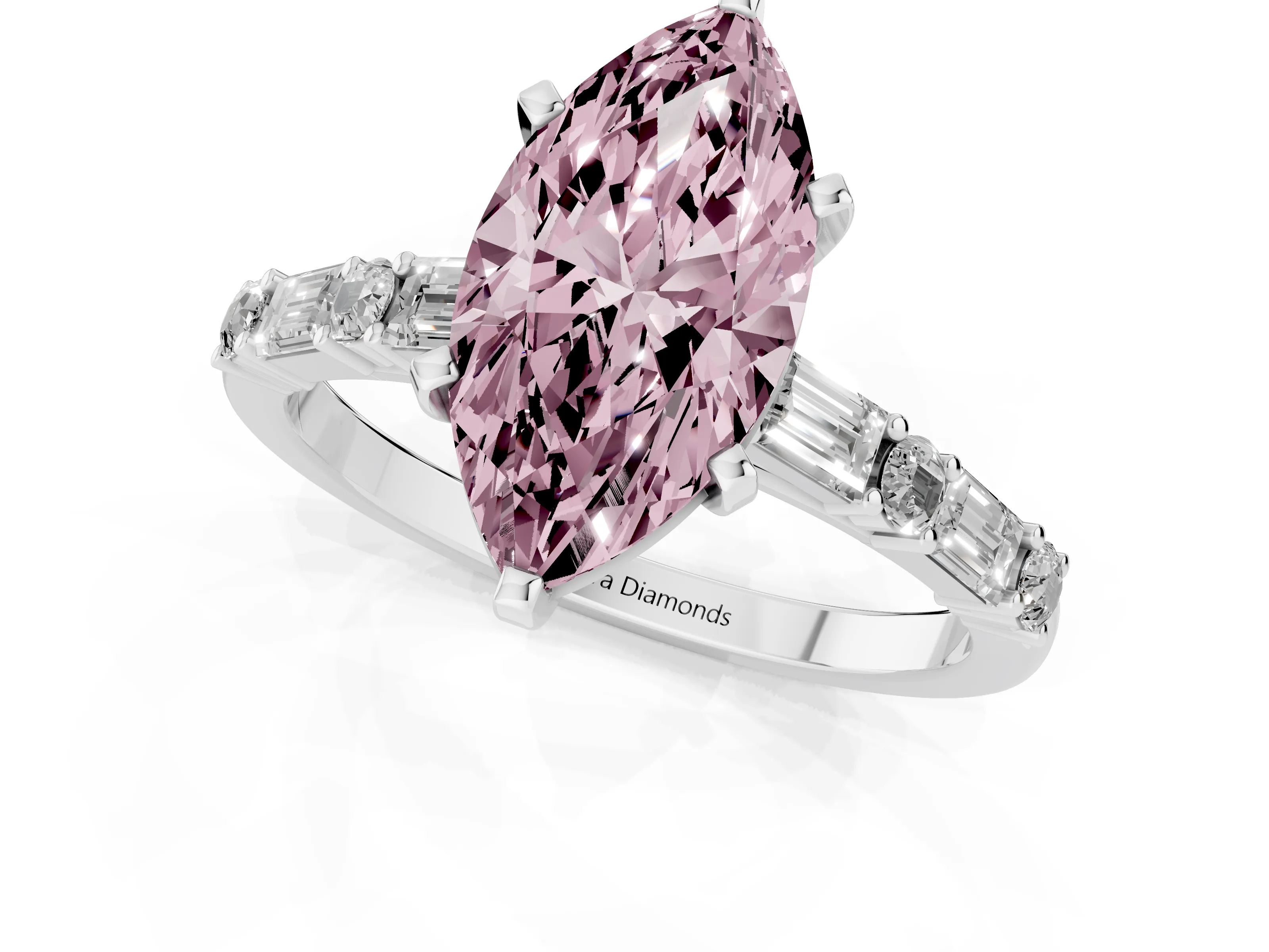 Fancy Pink Marquise Cut Diamond Solitaire Set in Platinum with Side Baguettes and Channel Set Band