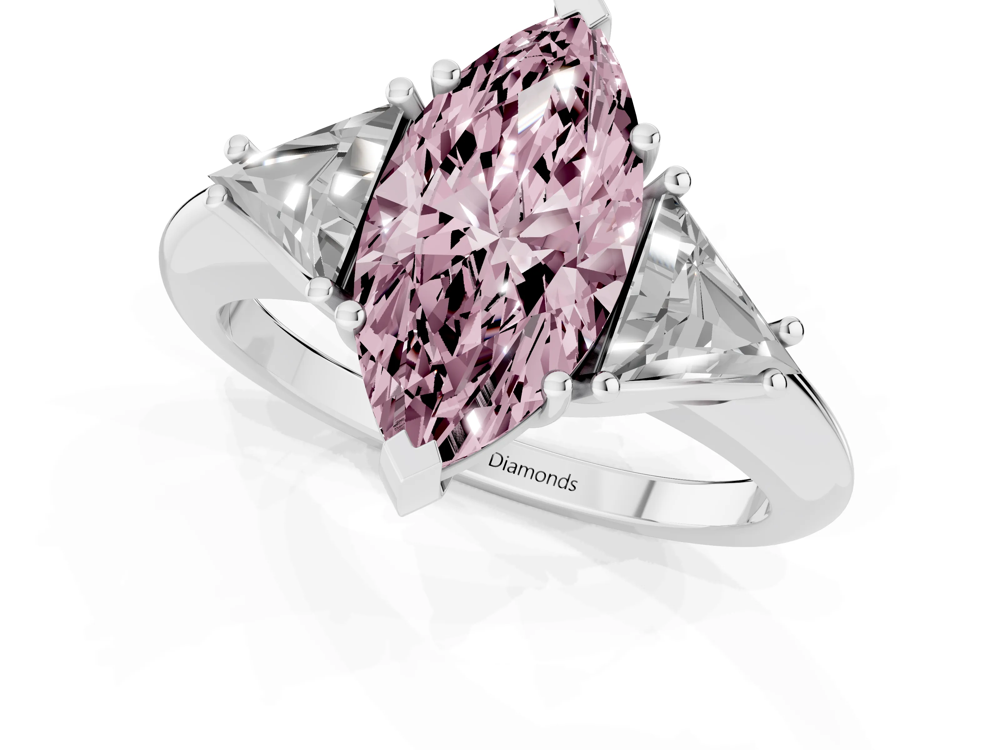 Fancy Pink Marquise Cut Diamond Three-Stone Engagement Ring Set in White gold with Trillion Side Stones