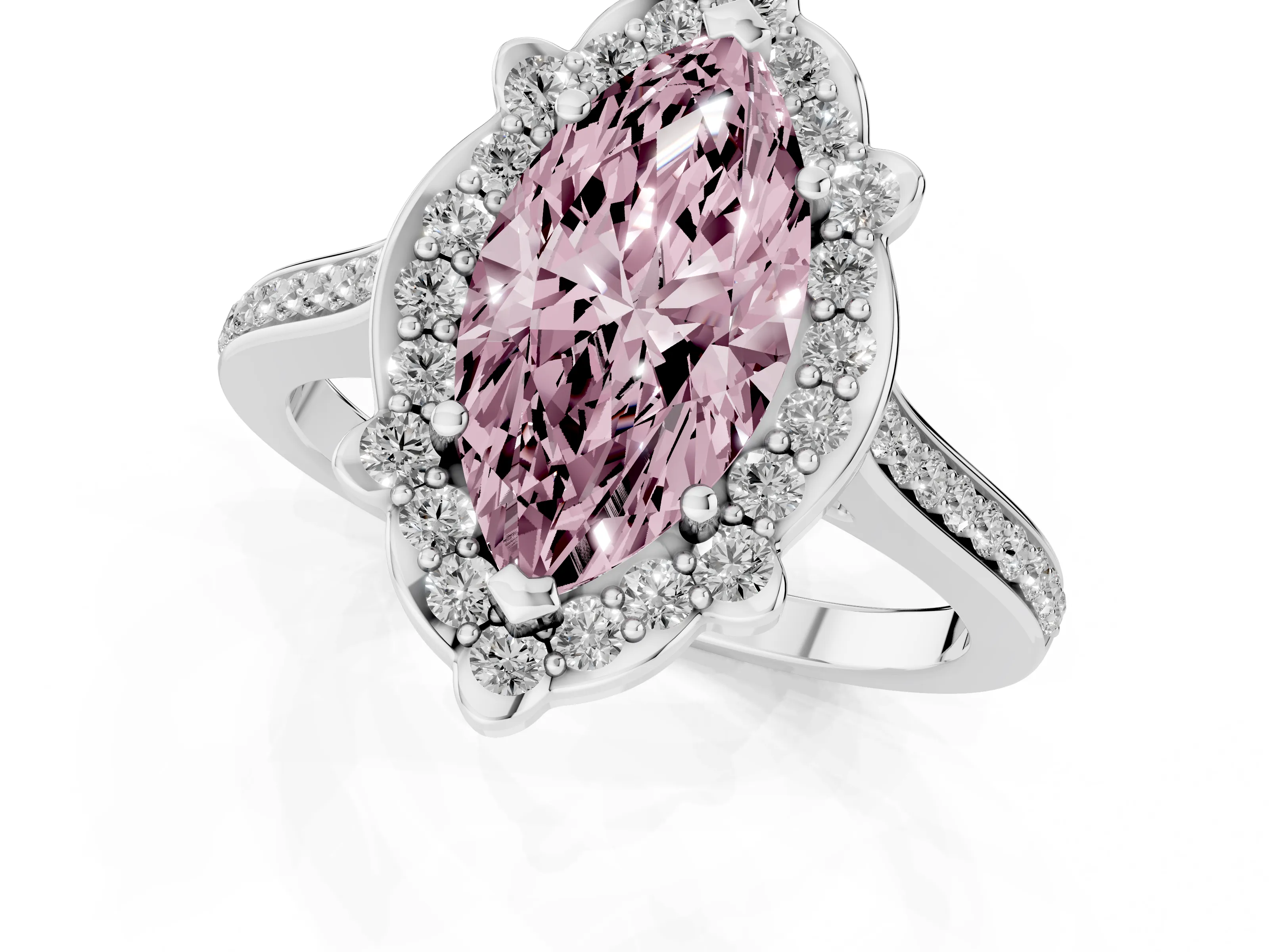 Fancy Pink Marquise Cut Diamond Halo Ring Set in White gold with Pavé-Lined Shoulders and Prong Setting