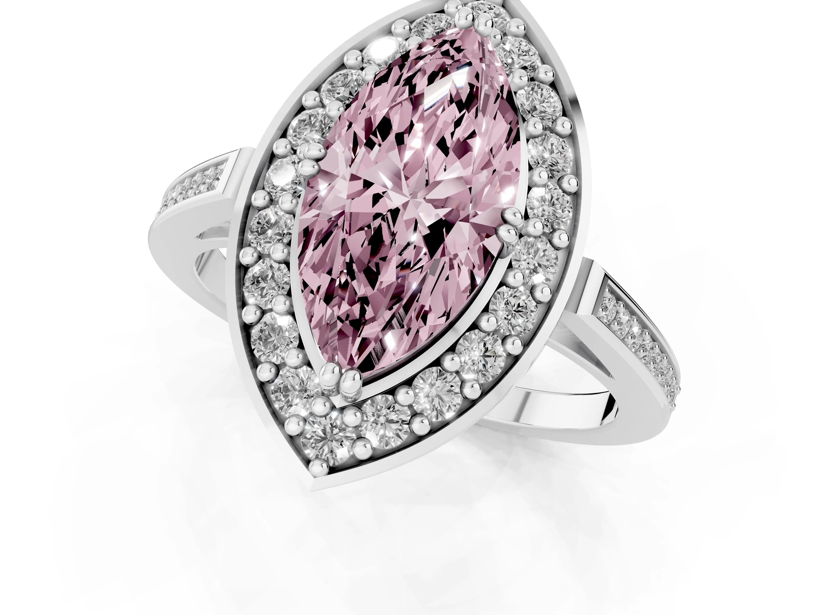 Fancy Pink Marquise Cut Diamond Halo Ring Set in Silver with Accent-Lined Split Shank and Prong Setting