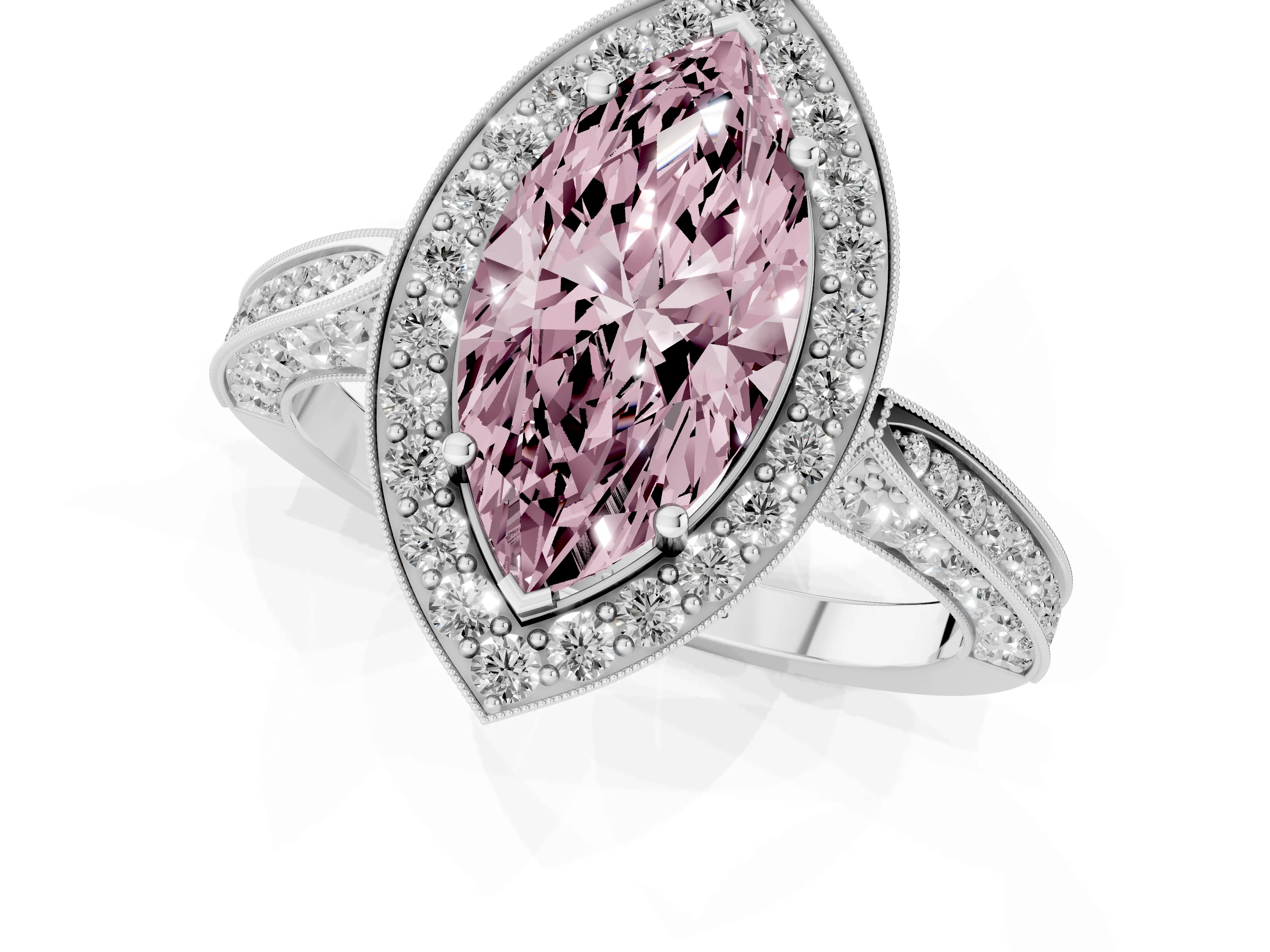 Fancy Pink Marquise Cut Diamond Halo Engagement Ring Set in White gold with Accent Split Shank Band