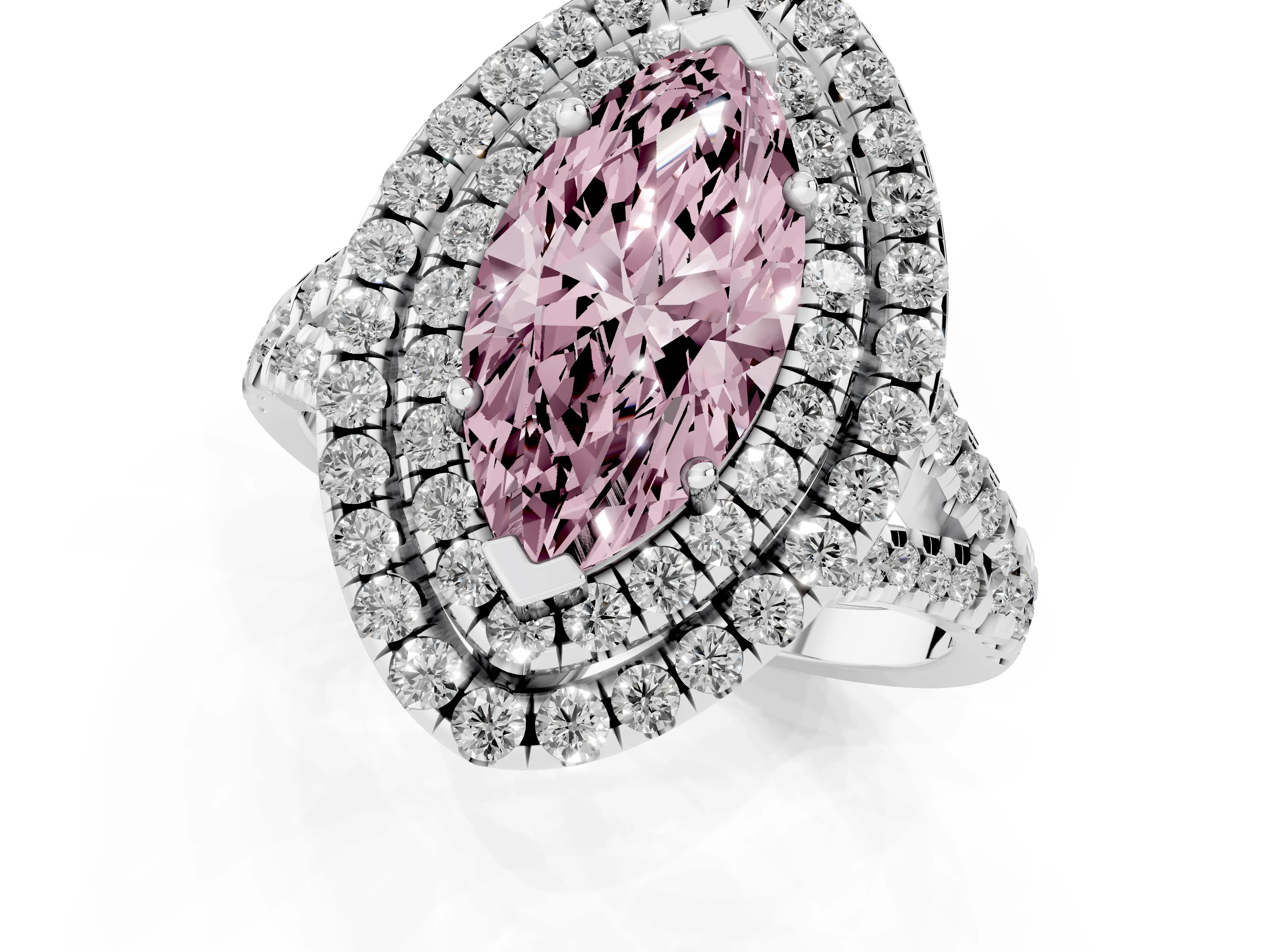 Fancy Pink Marquise Cut Diamond Double Halo Ring Set in Silver with Pavé Split Shank and Prong Setting